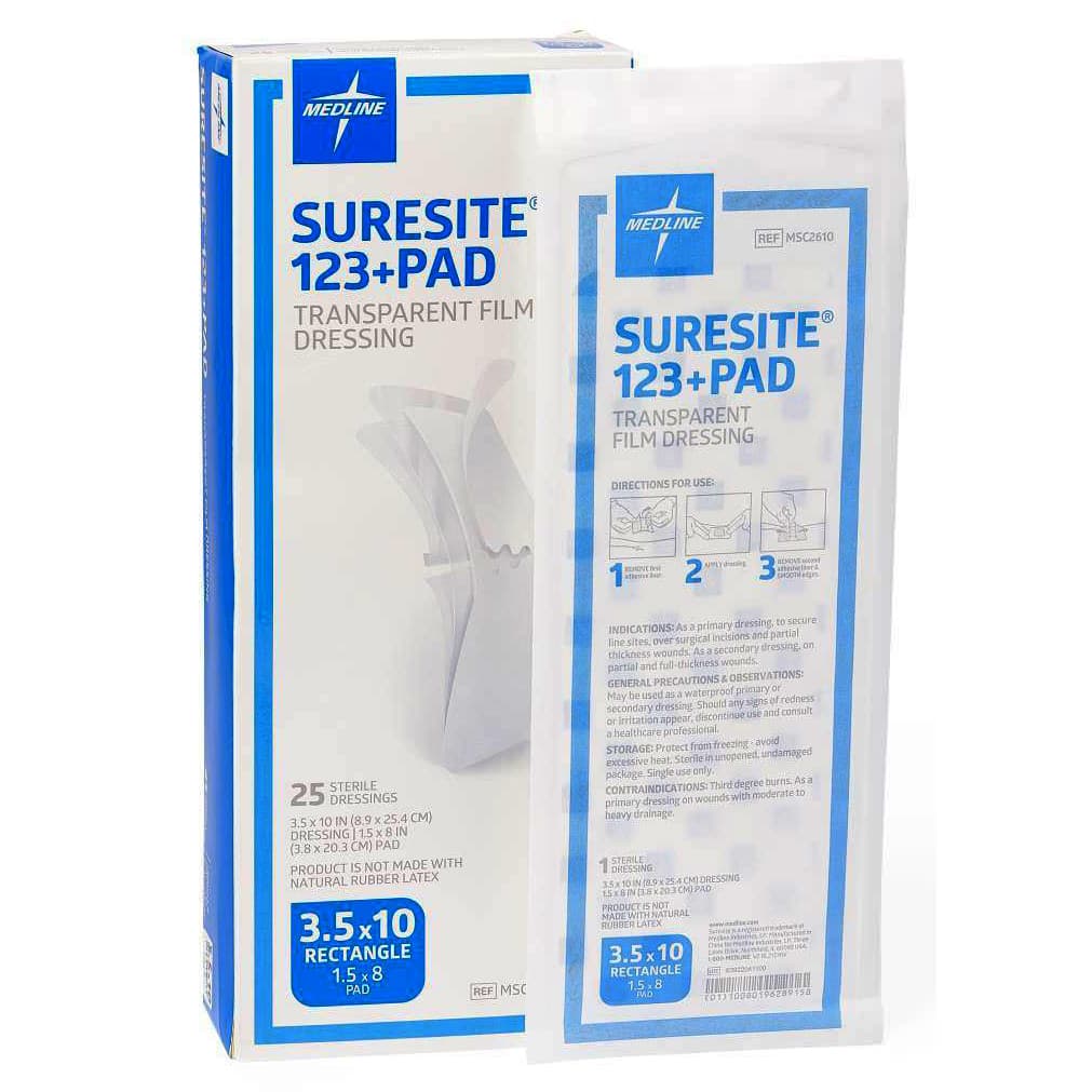 Suresite 123+ Pad Transparent Film Dressing, 3.5 x 10 Inch - Case of 100 - Image 1