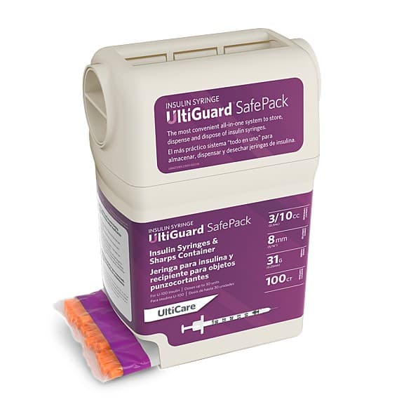 UltiGuard Safe Pack U-100 Insulin Syringes, 3/10 ML - Box of 100 - Image 1