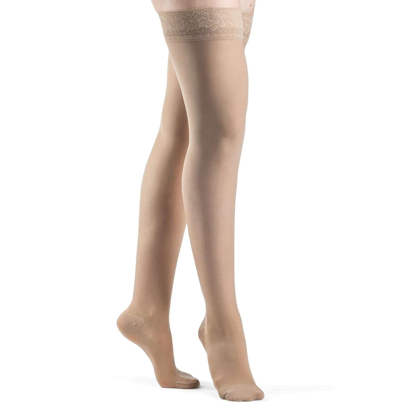 Sigvaris Style Sheer Thigh High with Grip-Top Compression Stocking 30-40 mmHg, Closed Toe, Large-Long, Natural - Pair - Image 1
