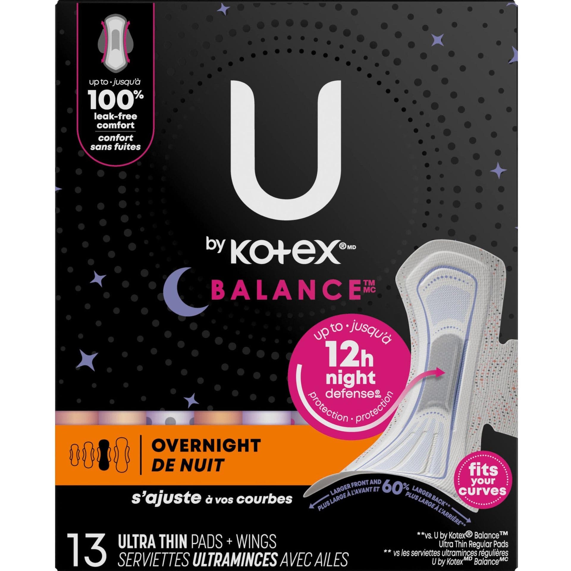 U by Kotex AllNighter Ultra Thin Pads, Overnight Absorbency - Package of 13 - Image 1