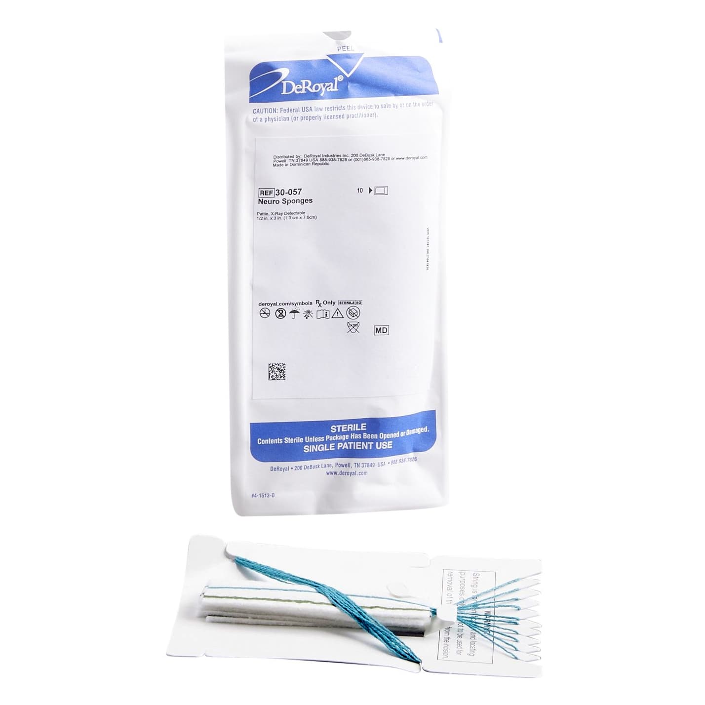 DeRoyal Surgical Neuro Sponge White, 1/2 x 3 Inch - Package of 10 - Image 1