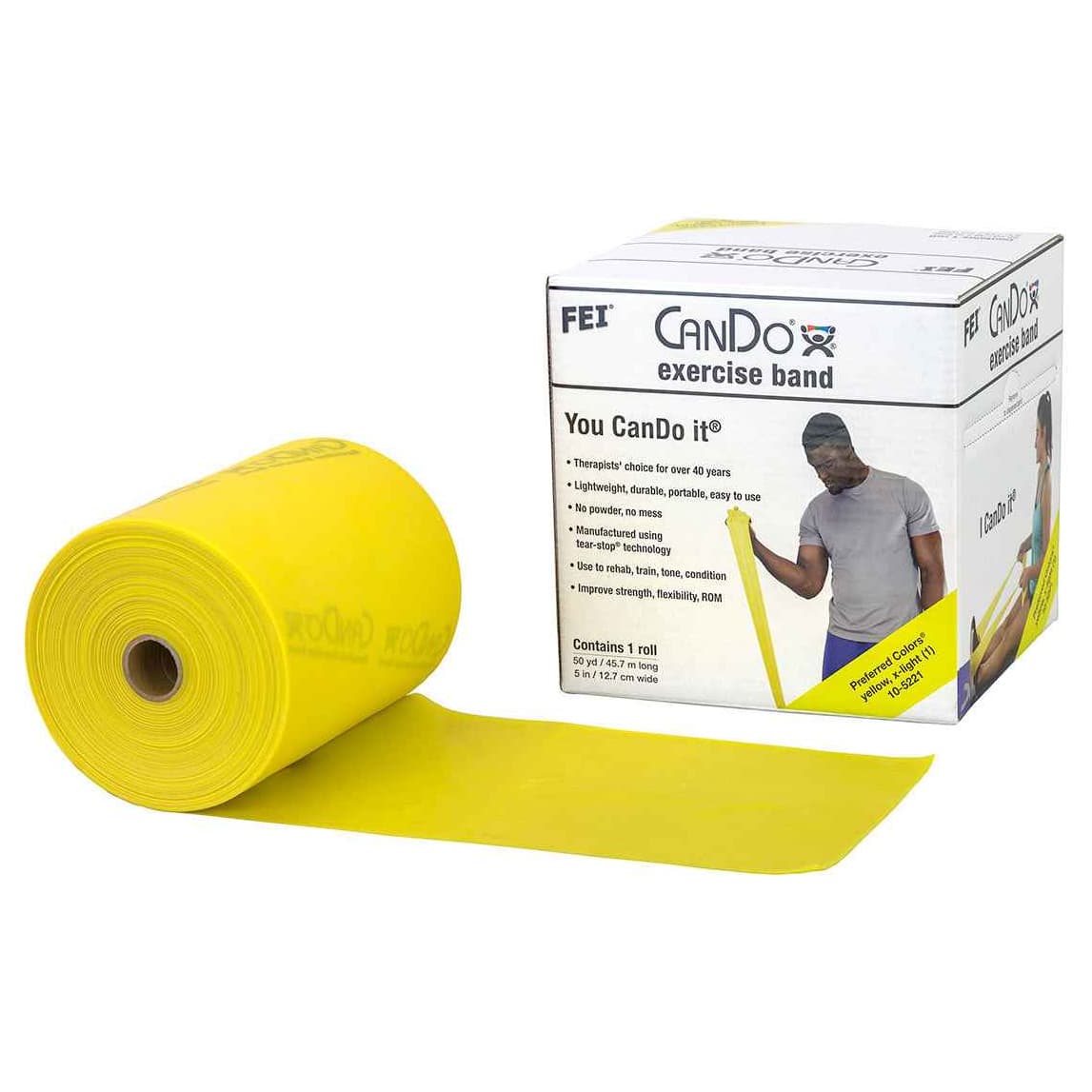 CanDo Low Powder Exercise Band Rolls, 50 yard, Yellow, Extra Light - Image 1