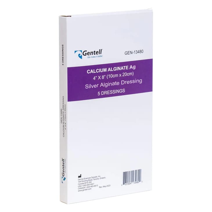Gentell Calcium Alginate Ag Silver Dressing, 4 x 8 Inch - Box of 5 - Image 1