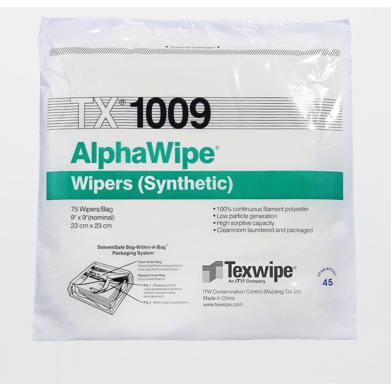AlphaWipe Cleanroom Wipe White Bag NonSterile Disposable, 9 x 9 Inch - Case of 1500 - Image 1