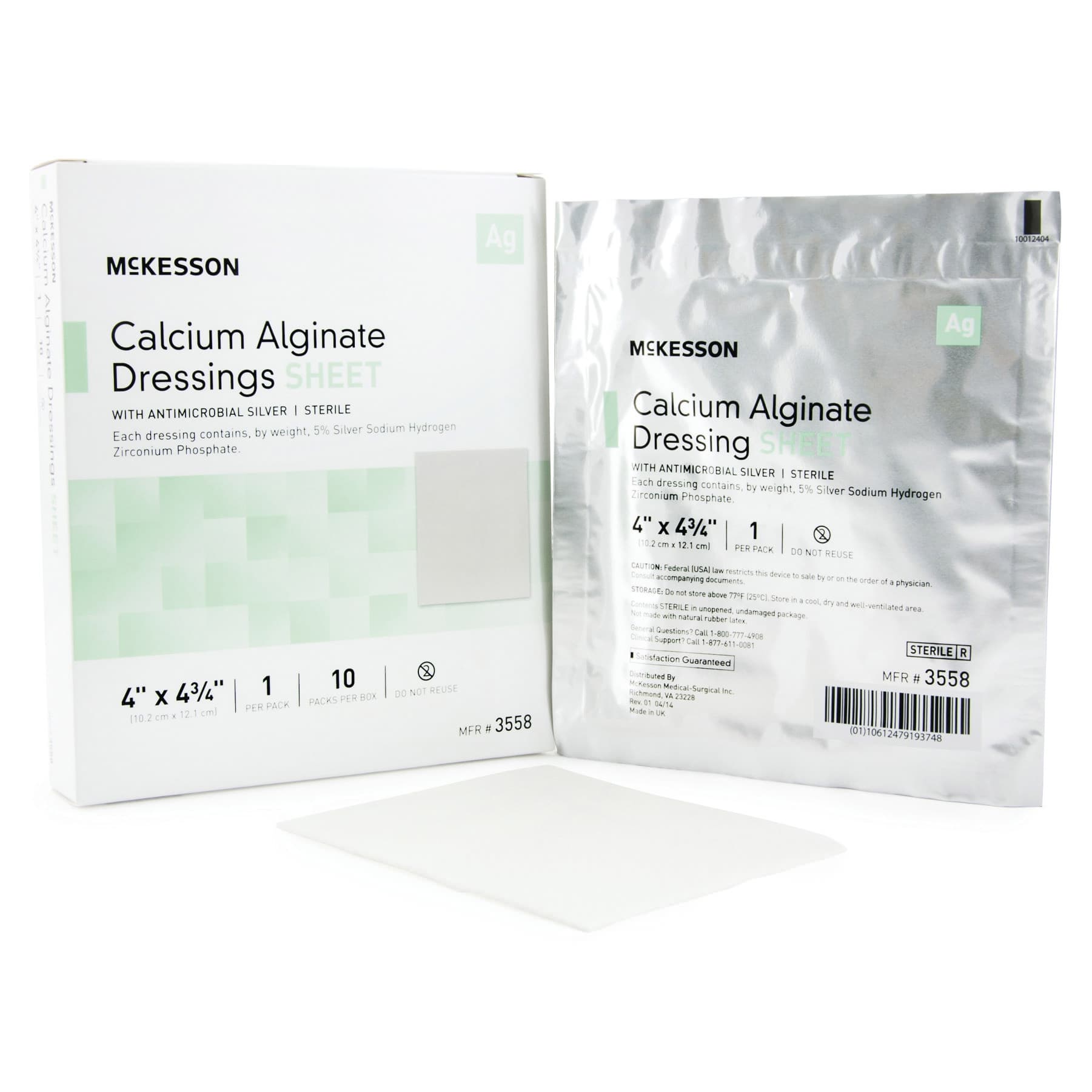 McKesson Silver Alginate Dressing White Rectangle Sterile, 4 x 4-3/4 Inch, 10 Count - Case of 100 - Image 1