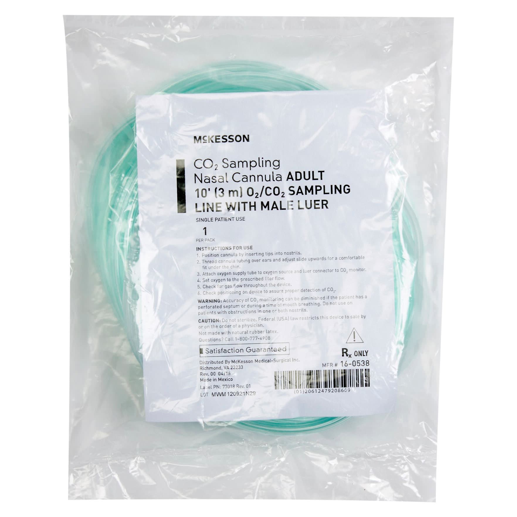 McKesson ETCO2 Nasal Sampling Cannula with O2 Delivery, Green, Male Luer Connector, 10 Foot O2 Line - Image 1