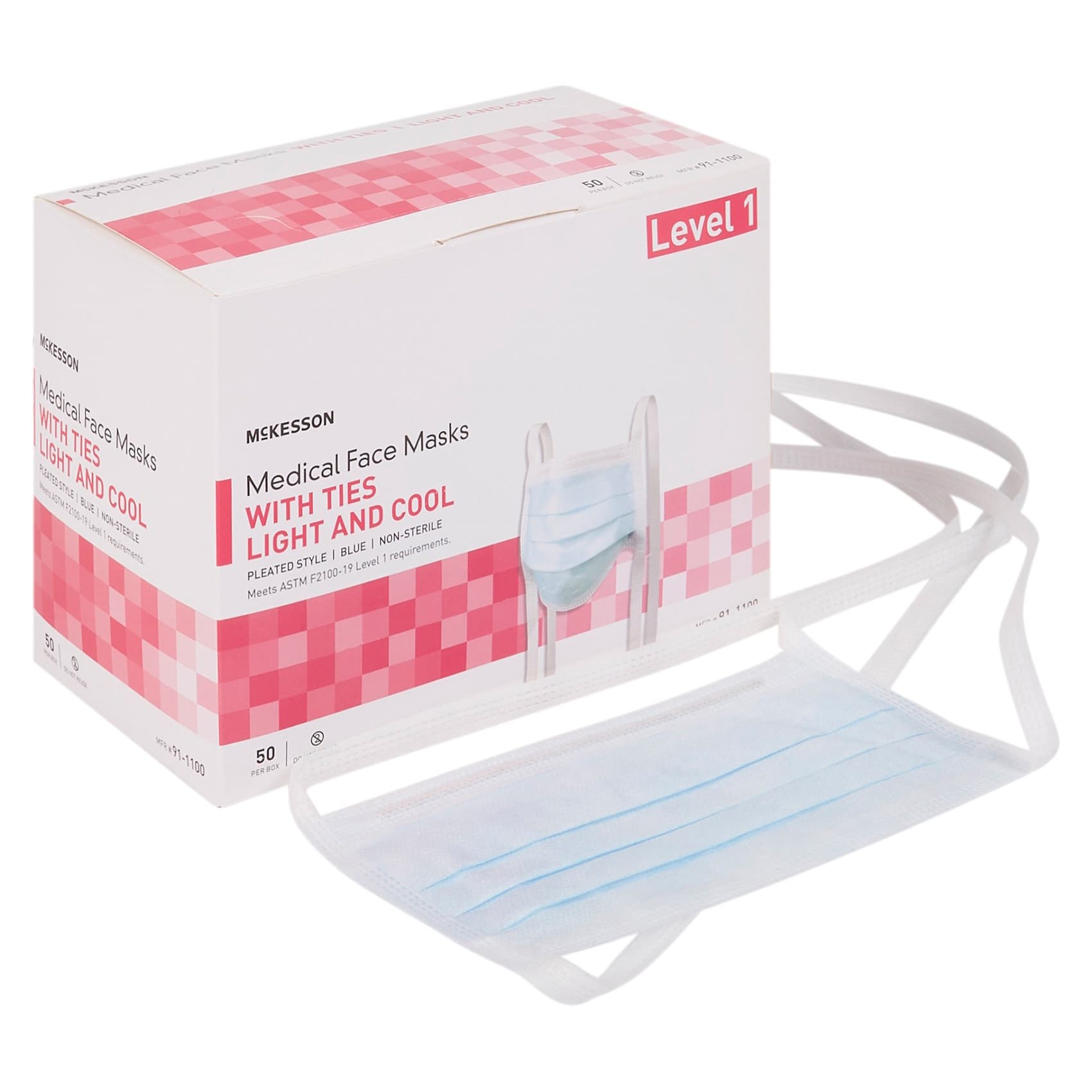McKesson Adult ASTM Level 1 Anti-fog Pleated Tie Surgical Mask, Blue - Case of 300 - Image 1