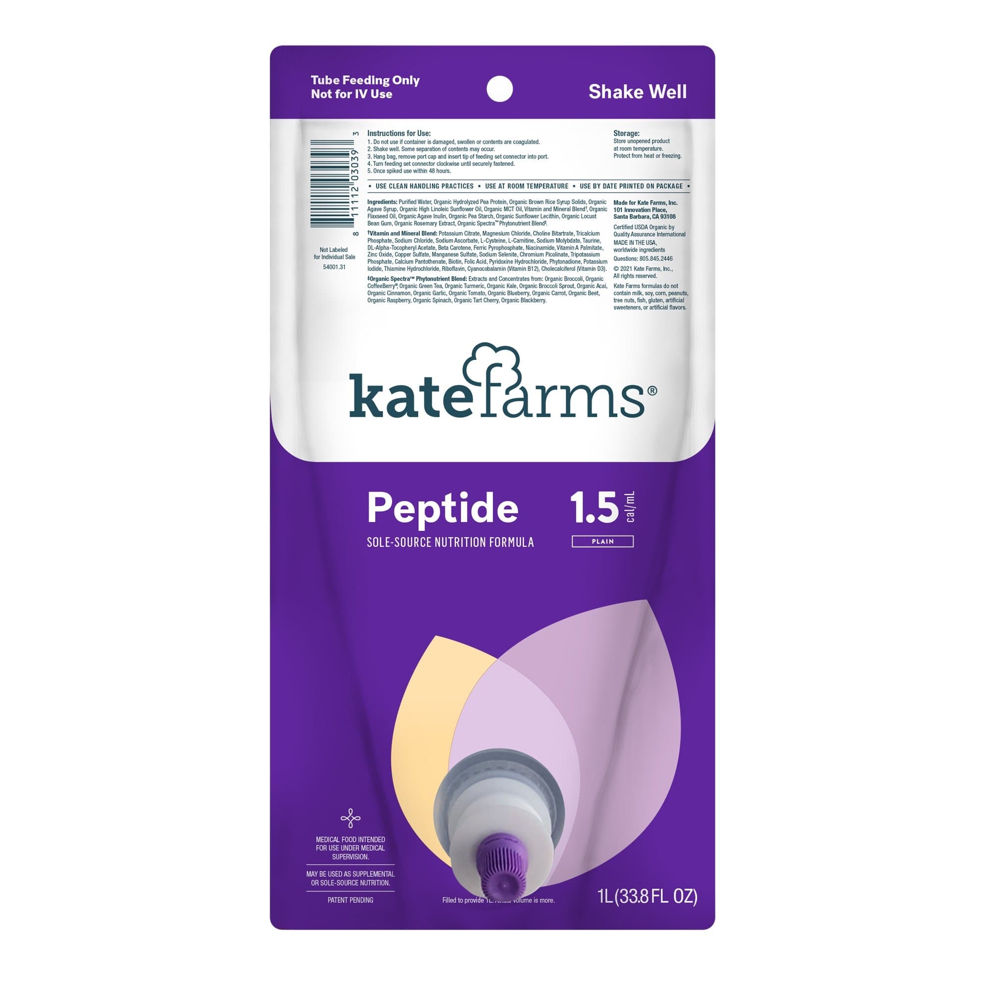 Kate Farm Peptide 1.5 Plain Closed System Tube Feeding Formula - Image 1