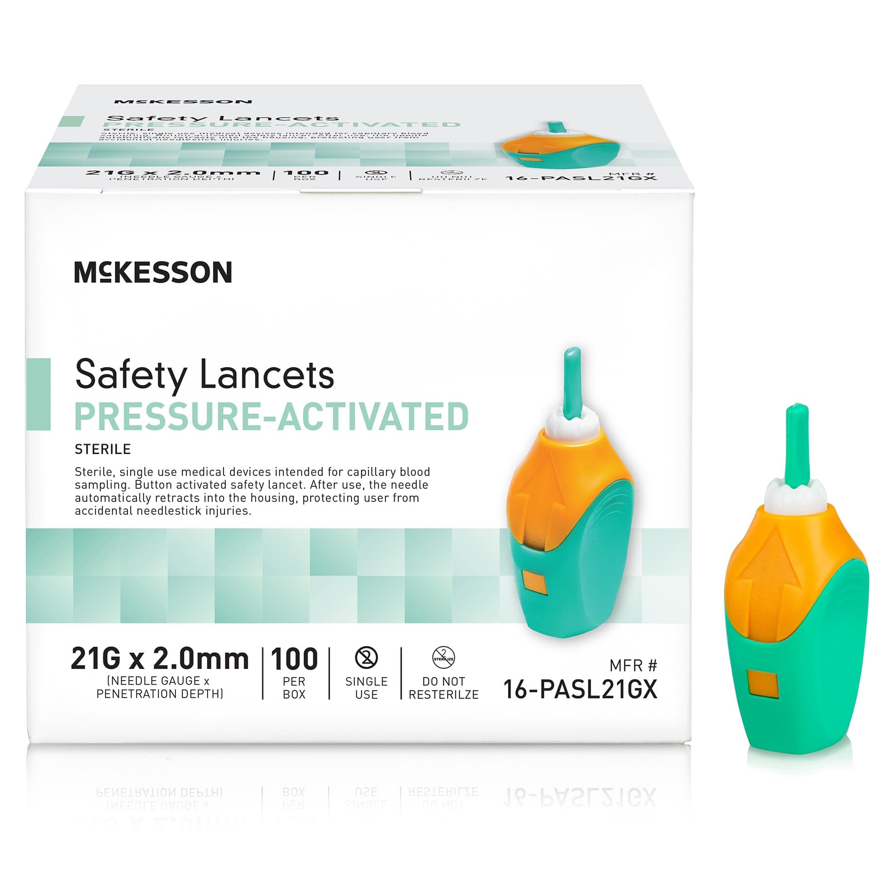 McKesson Brand Safety Lancet Pressure Activated 1.8 mm Depth Needle Sterile, Green, 21 Gauge - Box of 100 - Image 1