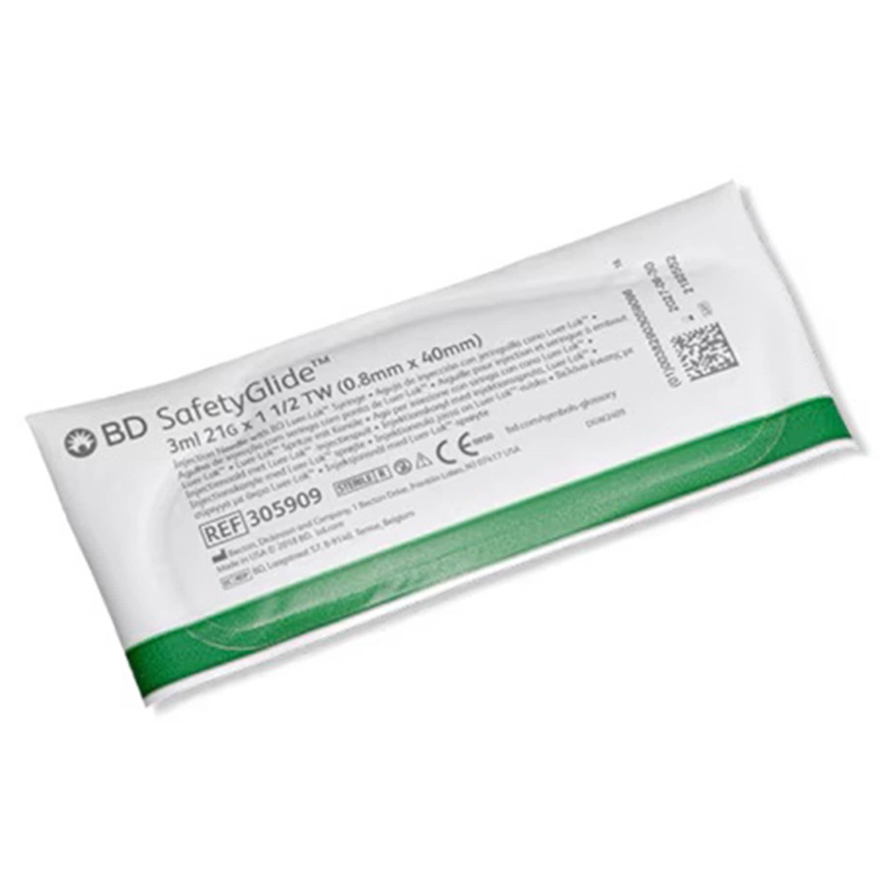 BD SafetyGlide Safety Hypodermic Syringe with Needle, 21 Gauge, 1-1/2 inch length - Box of 50 - Image 1