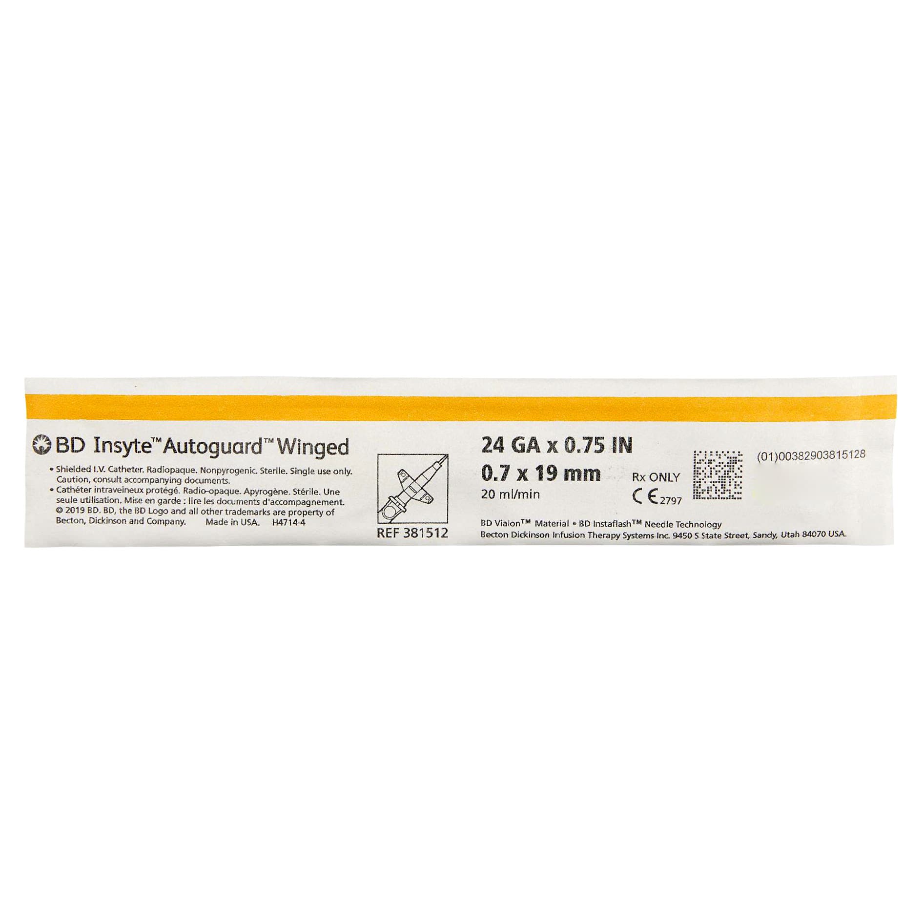 BD Insyte Autoguard Winged Shielded IV Catheters, Yellow, 24 Gauge, 0.75 Inch - Each - Image 1