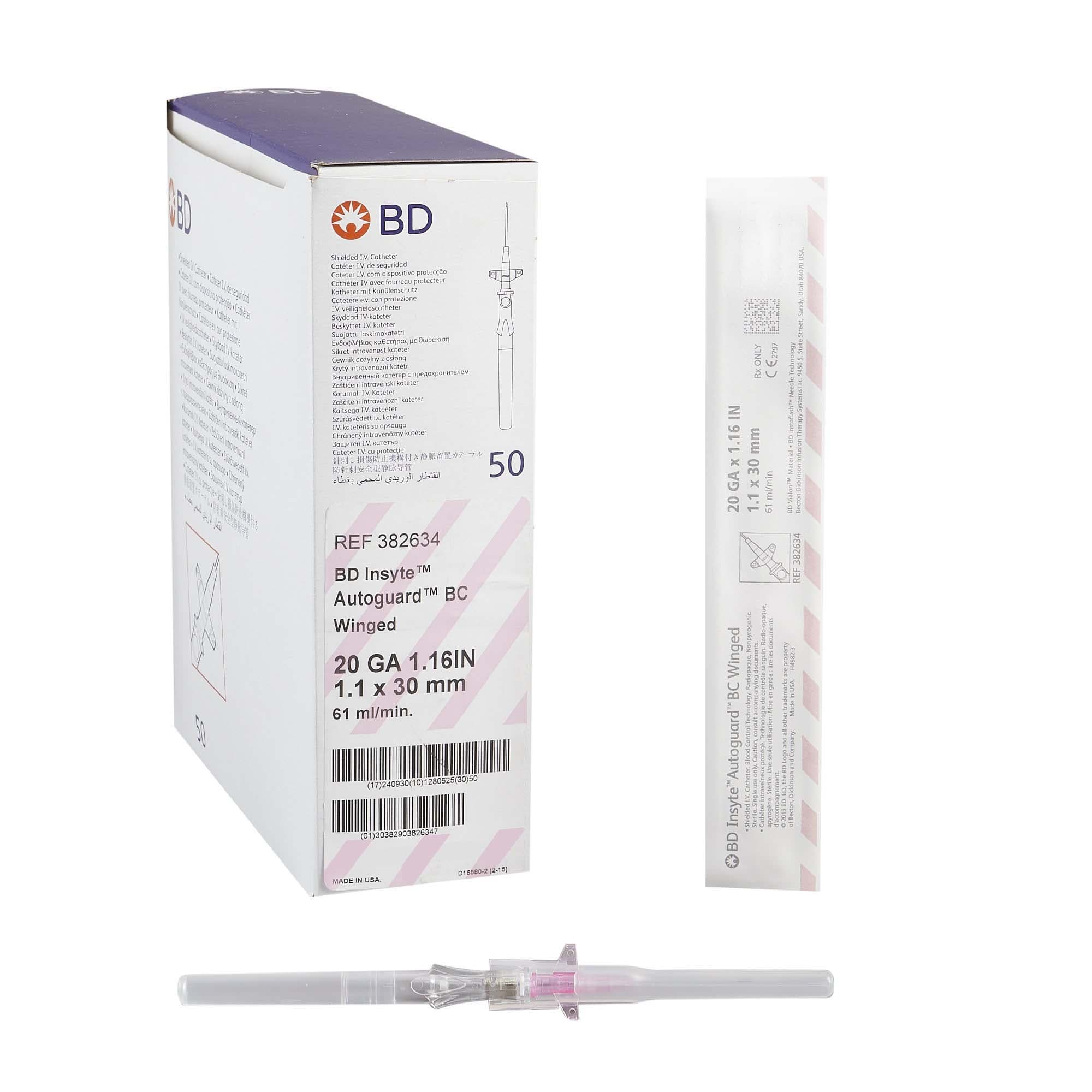 BD Insyte Autoguard BC Peripheral IV Catheter, 20 Gauge, 1.16 Inch, 61 mL per min - Case of 200 - Image 1