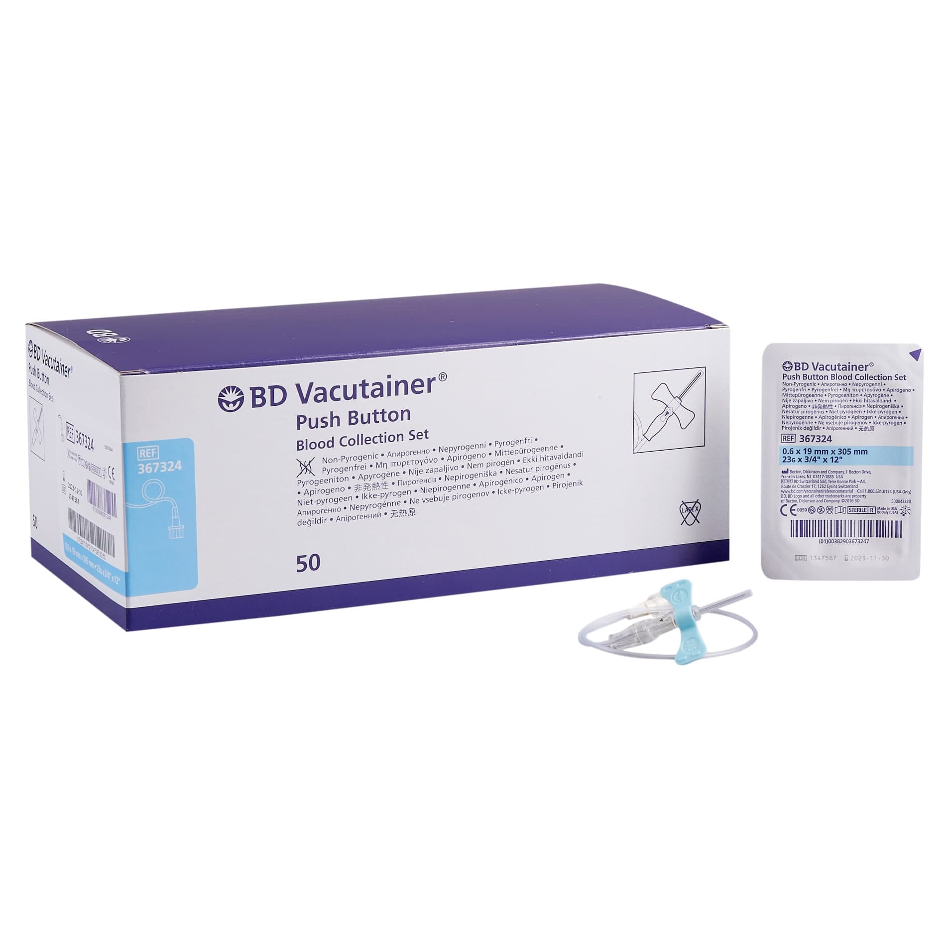 BD Vacutainer Push Button Blood Collection Set Without Luer Adapter, 3/4 Inch Needle L, 12 Inch Tubing