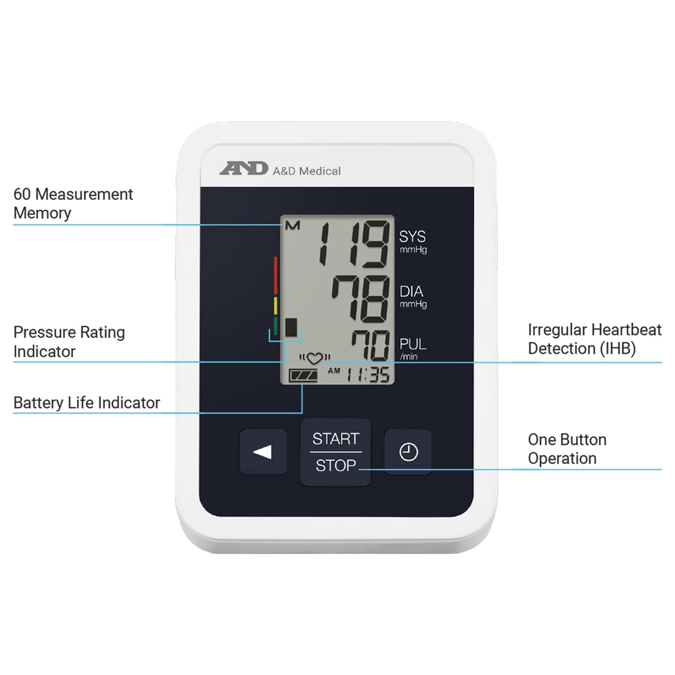 A&D Medical One-Touch Upper Arm Blood Pressure Monitor, Wide Range Cuff, 8.6"-16.5" - Image 2