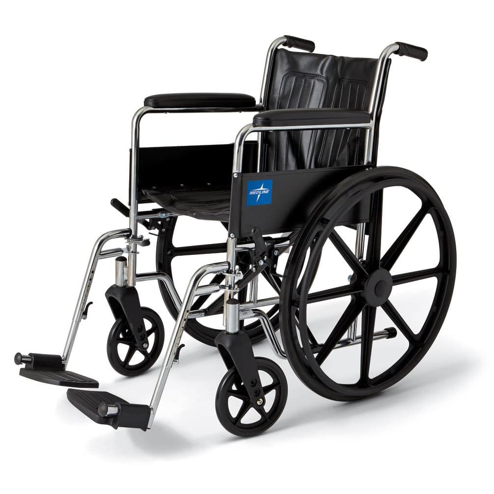 Medline Excel 2000 Standard Wheelchair 18"W x 16"D Seat with Permanent Arms and Swing Away Footrests, Black Upholstery - Image 1