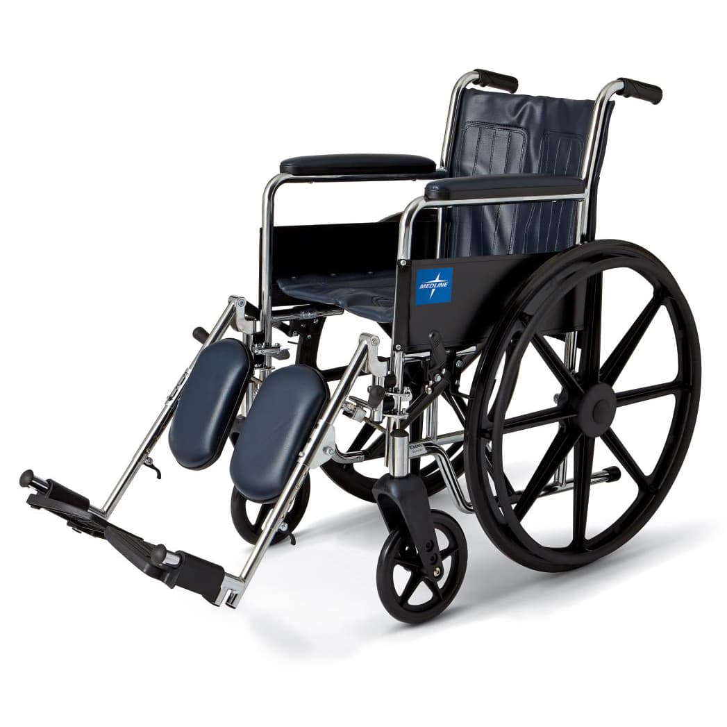 Medline Excel 2000 Standard Wheelchair 16"W x 16"D Seat with Permanent Arms and Elevating Leg Rests, Navy Upholstery - Image 1