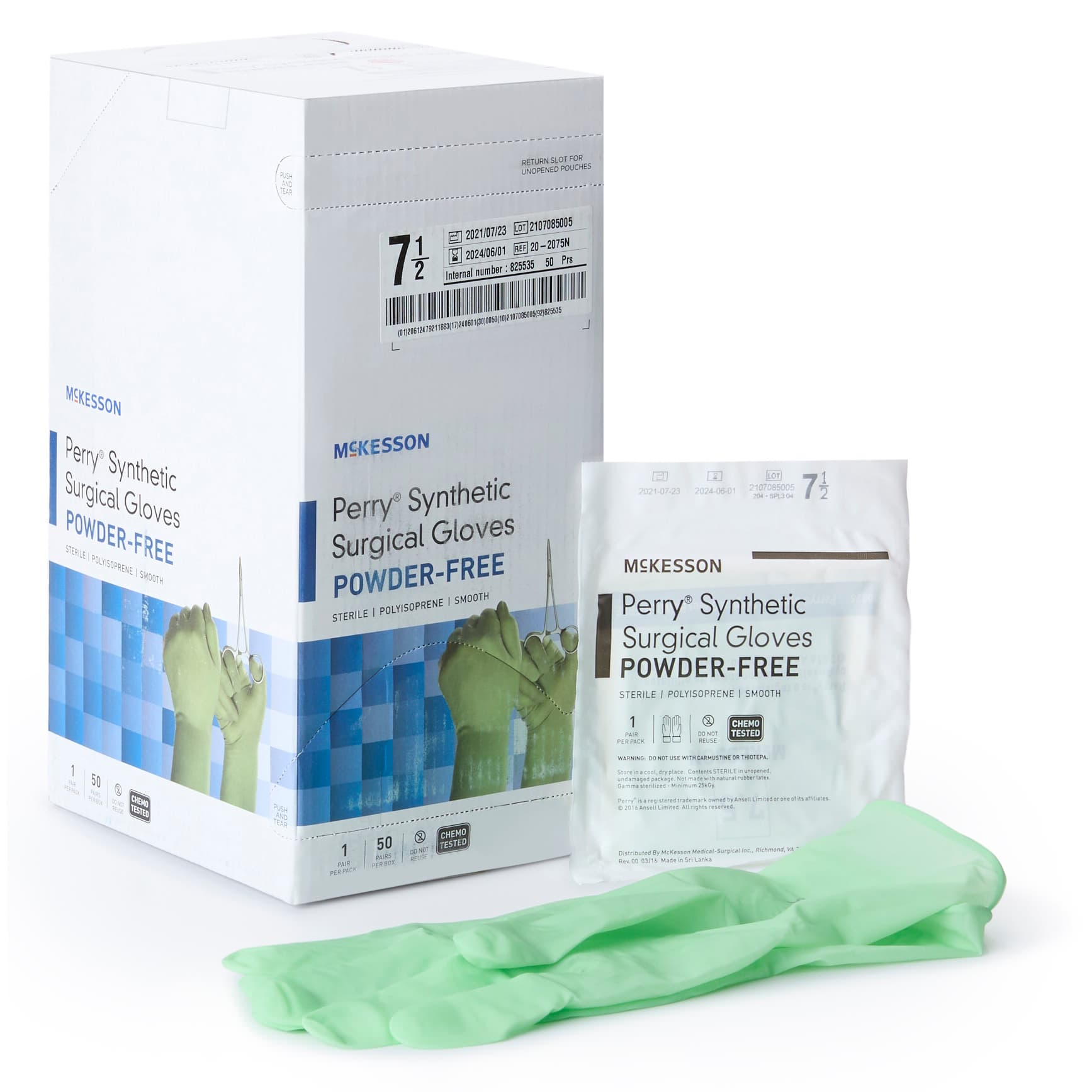 McKesson Perry Performance Plus Surgical Glove Green Beaded Cuff Standard, 12.2 Inch, Size 7.5 - Case of 400 - Image 1