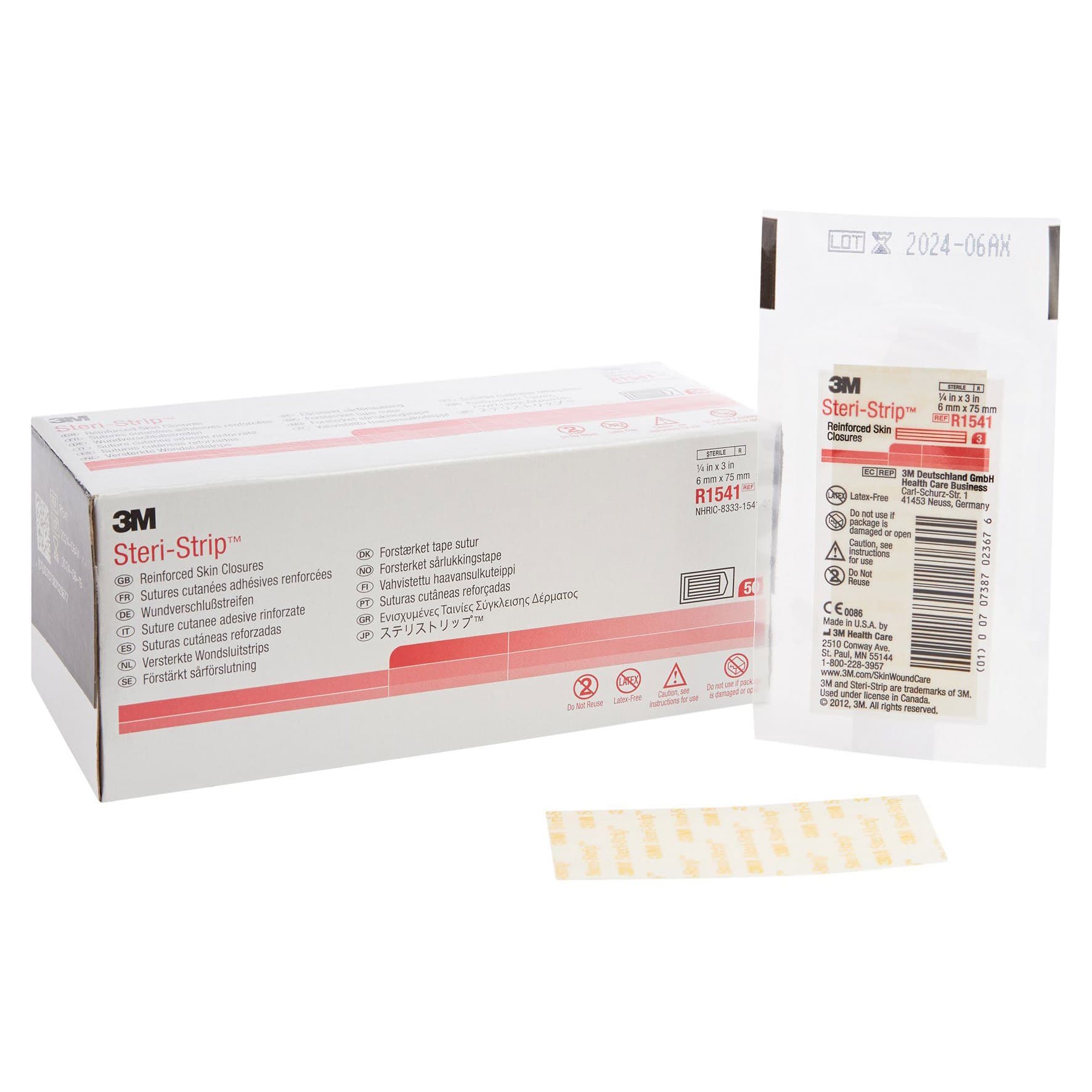 3M Steri-Strip Skin Closure Strip, Reinforced Strip, 1/4 x 3 Inch - Case of 200 - Image 1