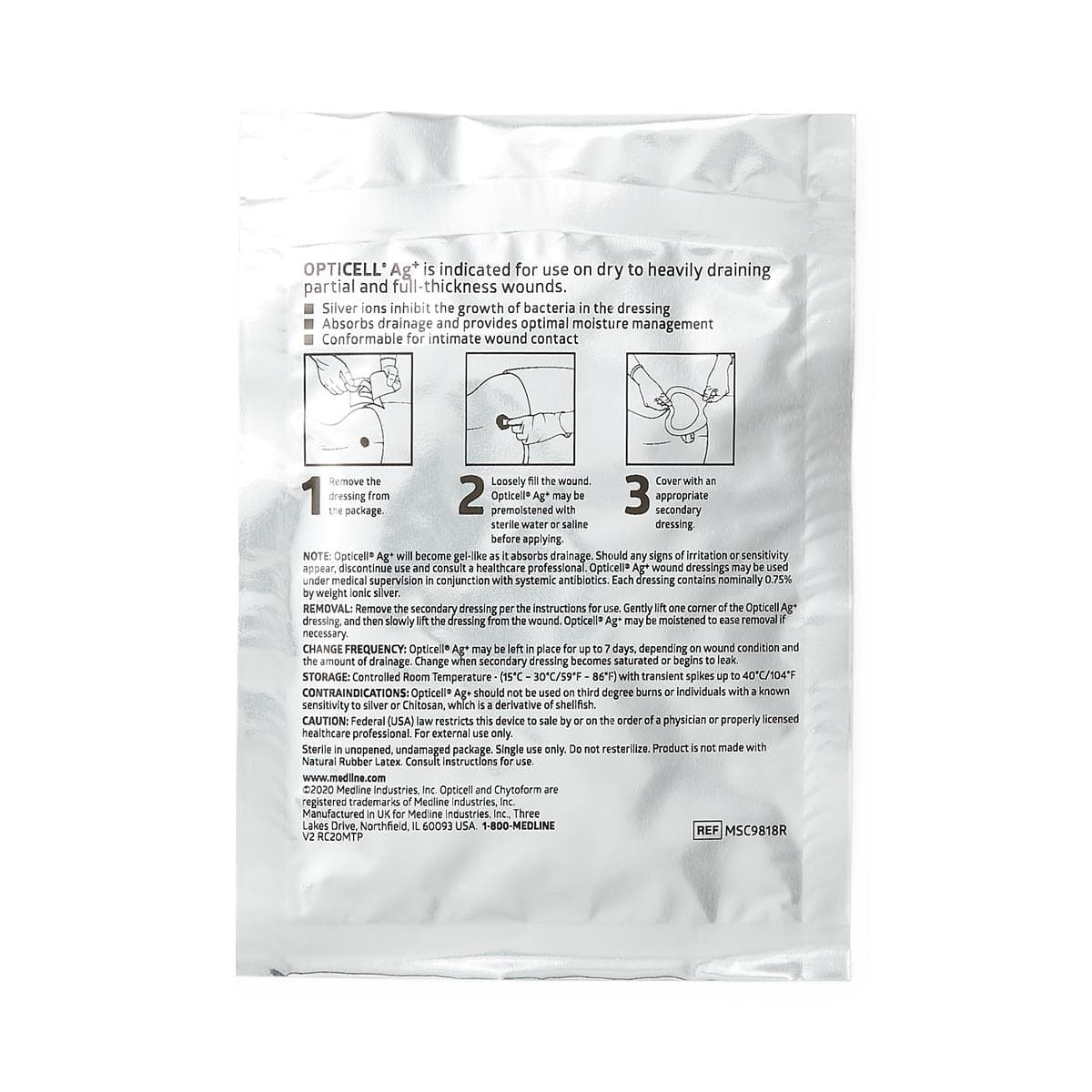 silver antibacterial gelling fiber wound dressing Medline Opticell AG Plus Silver Antibacterial Gelling Fiber Wound Dressing,18 L x 0.75 W,Ribbon,50/Case,MSC9818R