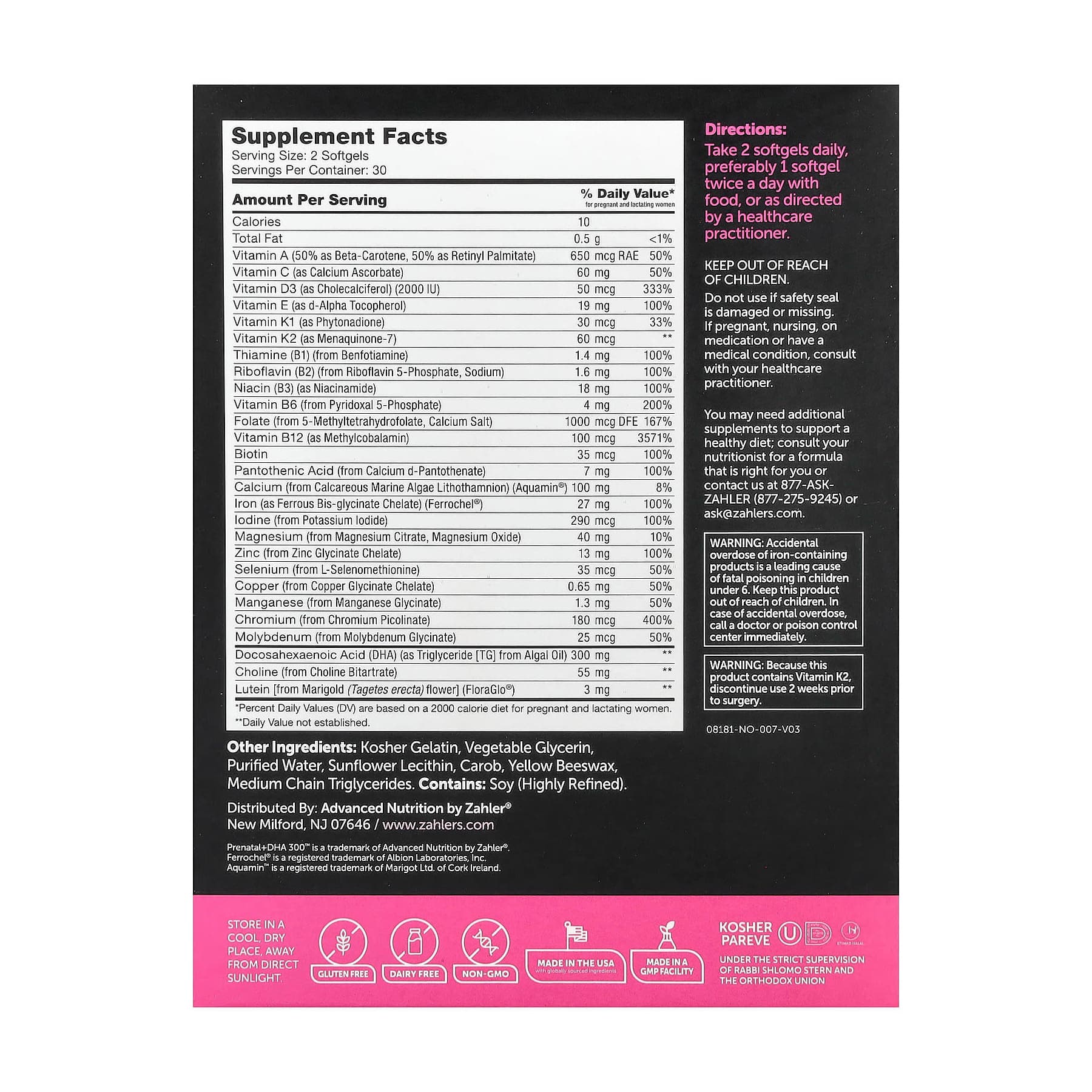 Zahler Prenatal Plus DHA 300 Dietary Supplement Softgels, 180 Count - Each - Image 2