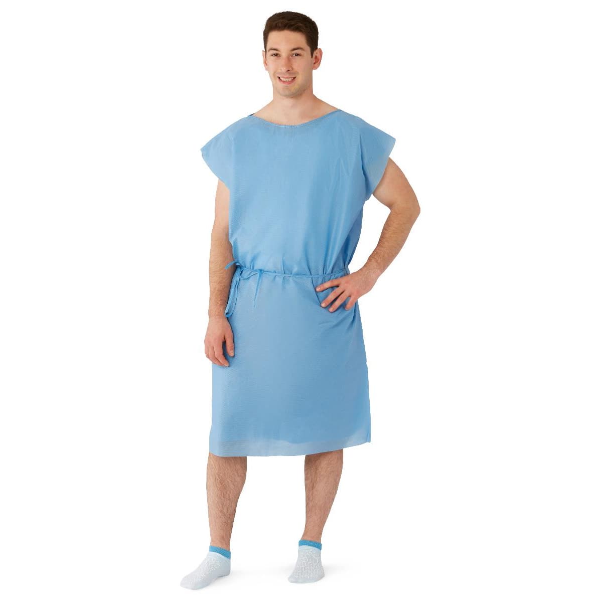 Medline Sleeveless Front Back Opening with Tie Multilayer Patient Gown, Blue, Regular/Large