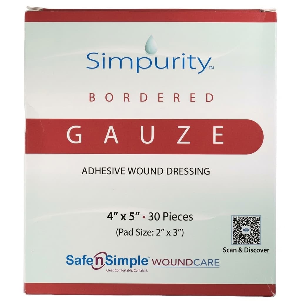 Simpurity Bordered Gauze Adhesive Wound Dressing, 4 x 5 Inch - Box of 30 - Image 1