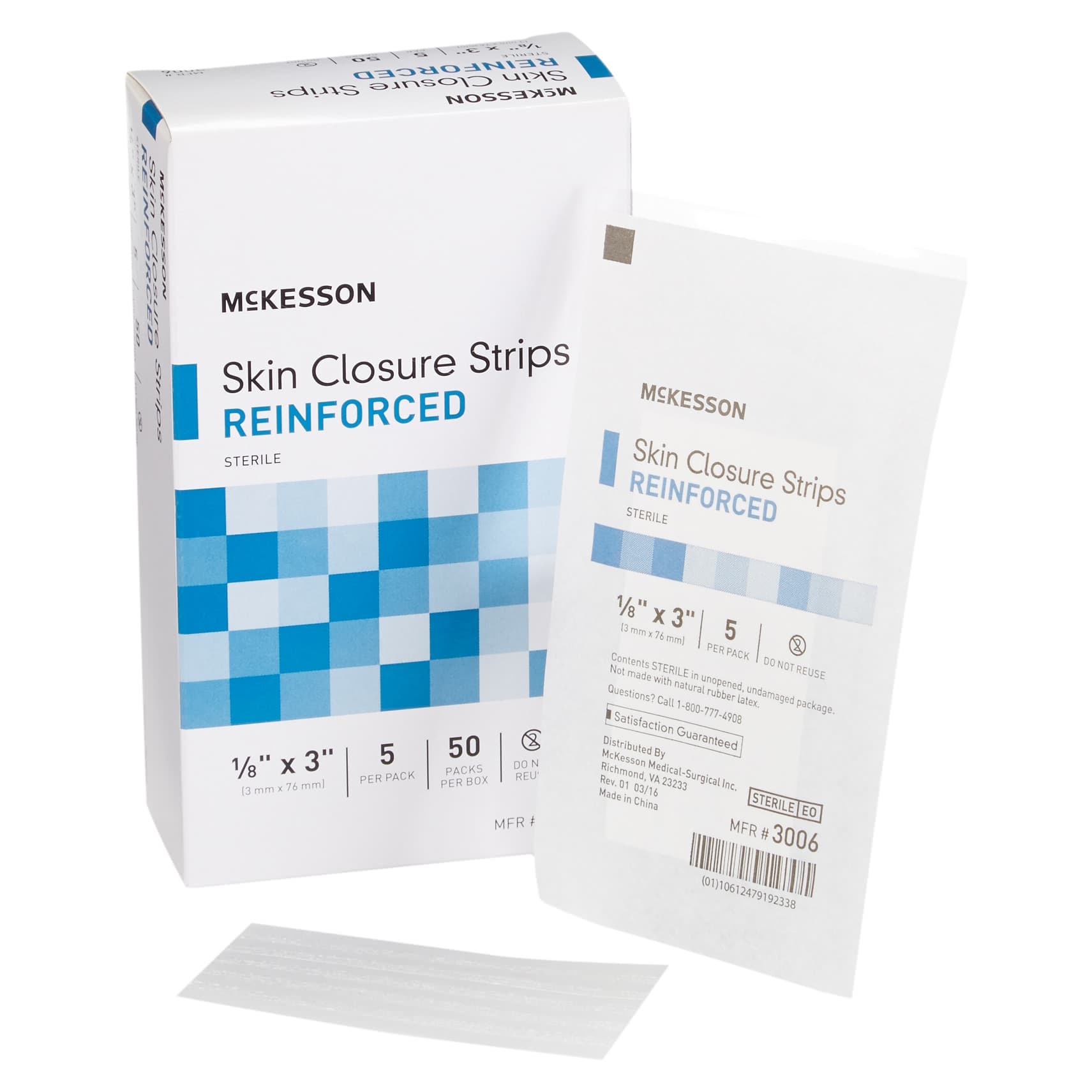 McKesson Skin Closure Strip Sterile, White, Reinforced Strip, 1/8 x 3 Inch - Case of 250 - Image 1