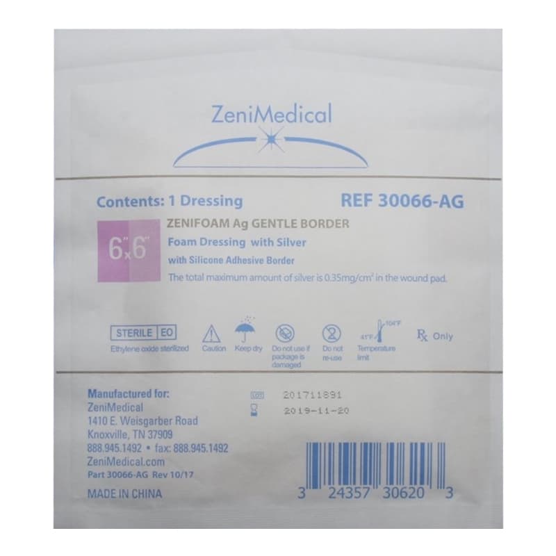 ZeniFoam Ag Gentle Border Foam Dressing, 6 x 6 Inch - Each - Image 1