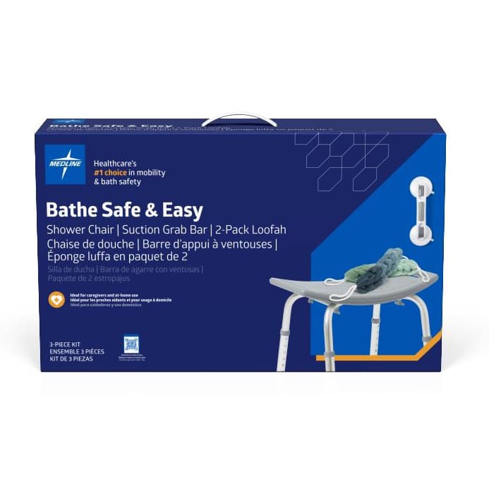 Medline Shower Chair w/o Back, Suction Grab Bar & 2-Pack Loofah - Image 2
