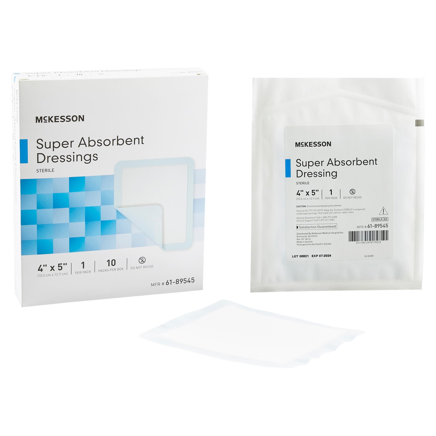 McKesson Super Absorbent Dressing Polypropylene Backing Blue White Rectangle Sterile, 4 x 5 Inch - Box of 10 - Image 1