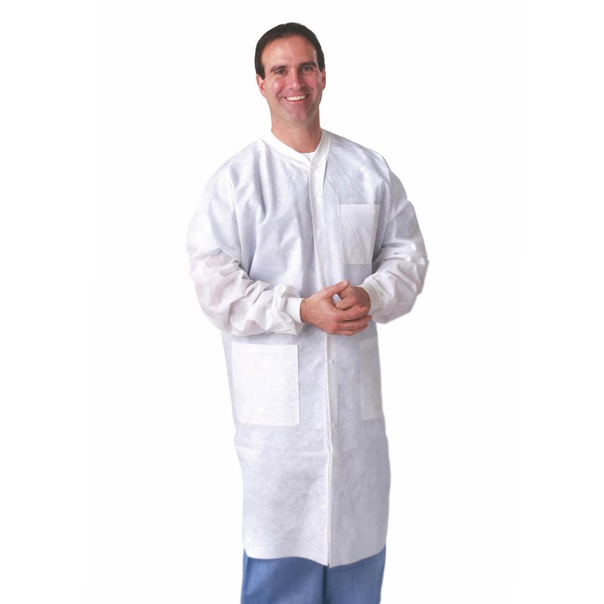 Medline Disposable Multilayer Lab Coats Knit Cuffs and Collar, White, Medium - Box of 10 - Image 1