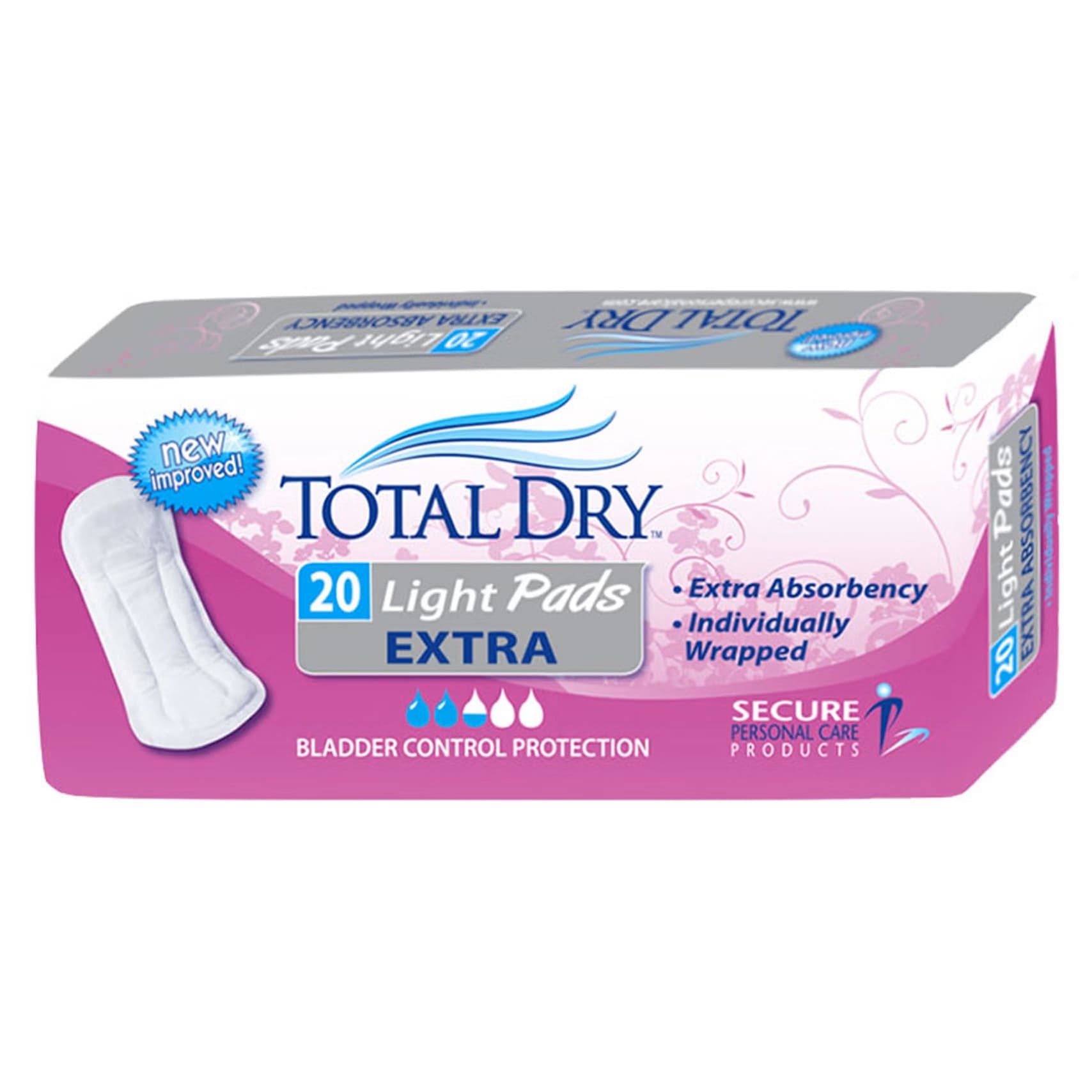 Total Dry Incontinence Light Bladder Control Pads without wings, extra - Case of 180 - Image 1
