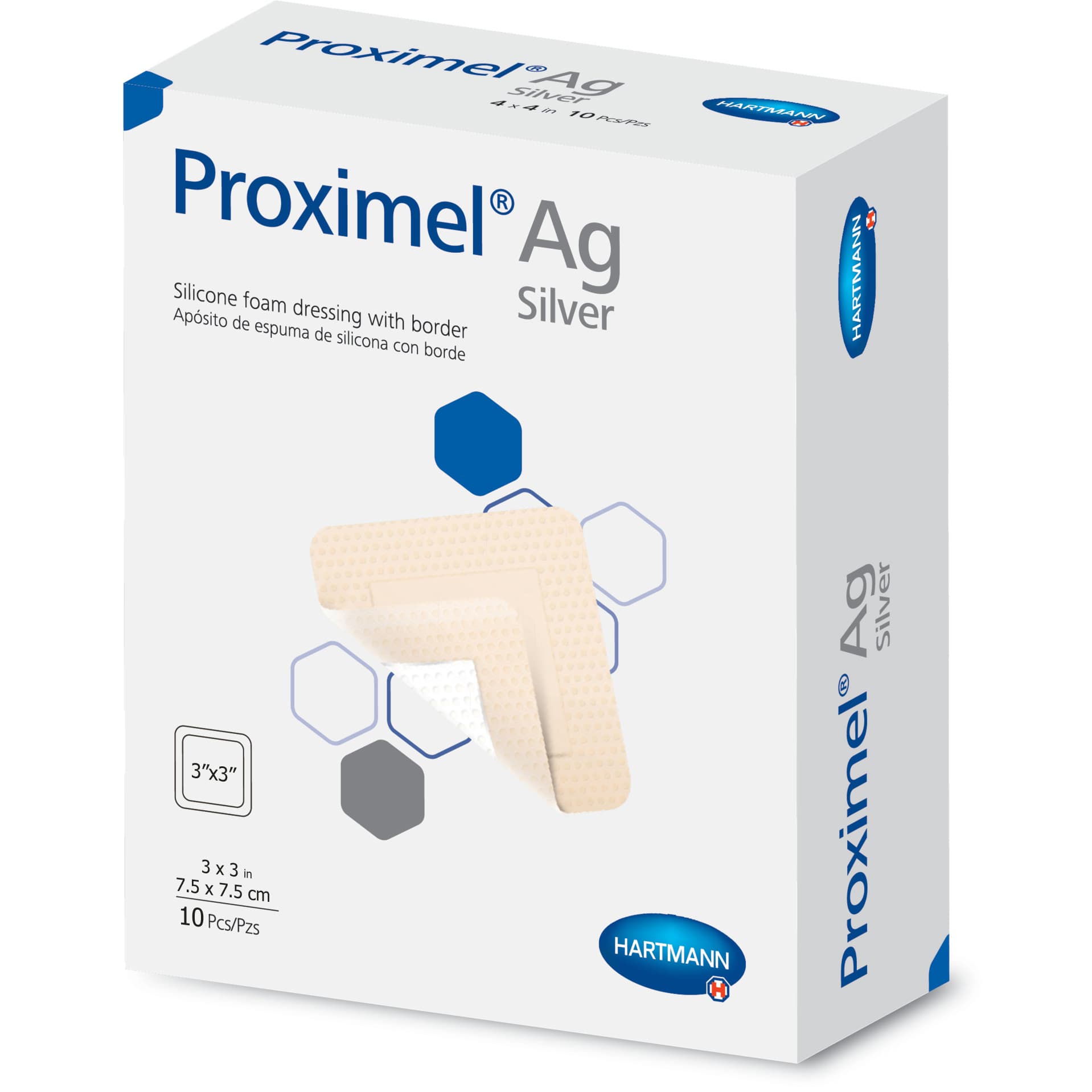 Proximel Ag Silicone Bordered Foam Dressing, Sterile, 3 x 3 Inch - Box of 10 - Image 1