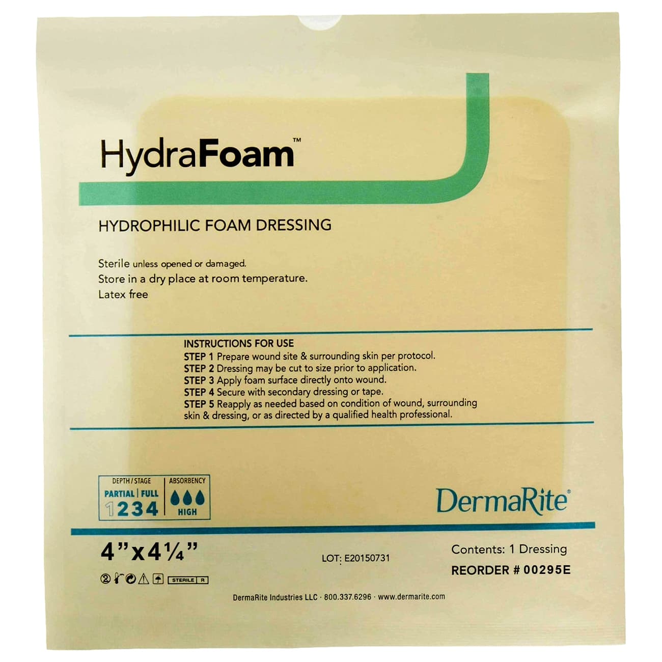 HydraFoam Hydrophilic Foam Dressing, 4 x 4-1/4 Inch - Each - Image 1