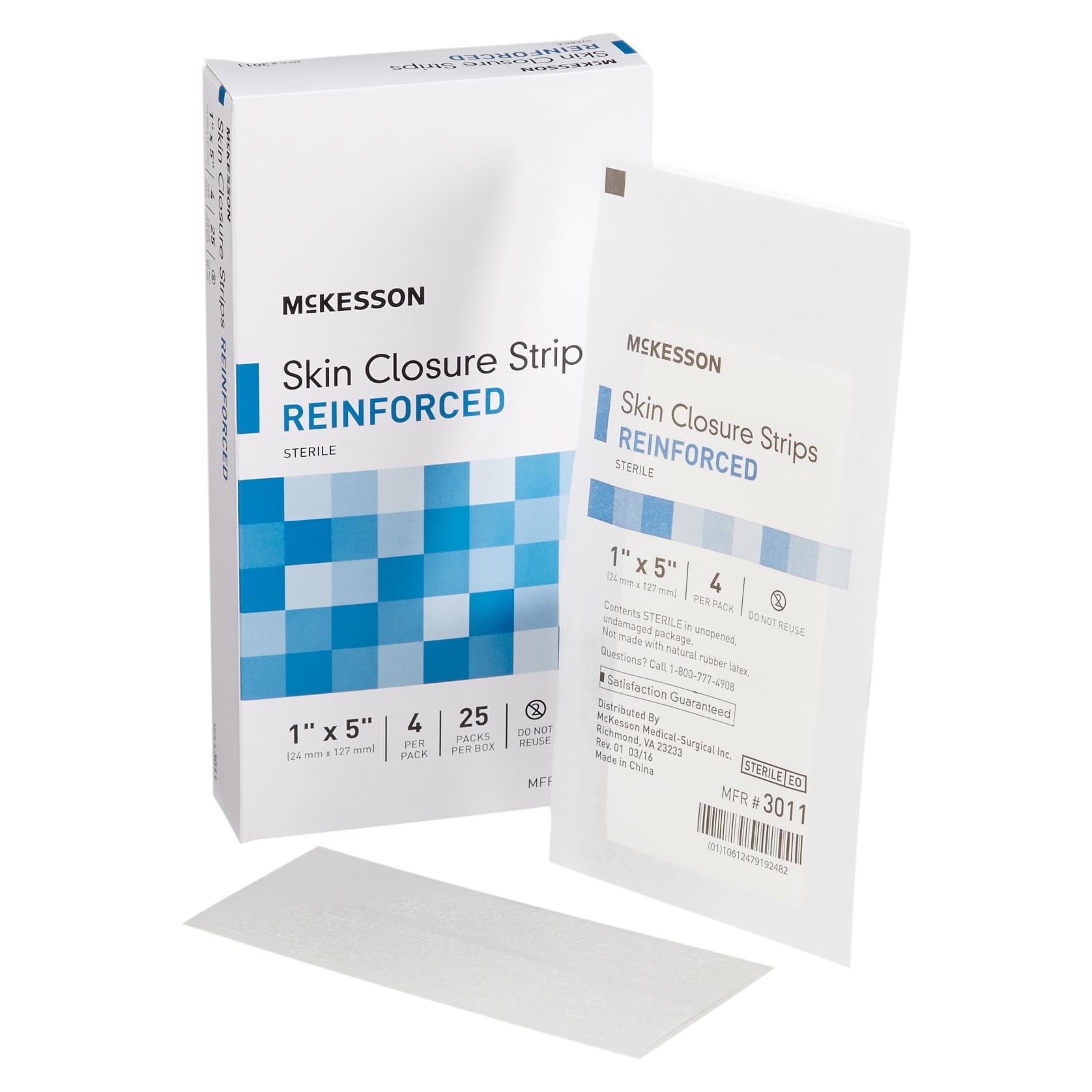 McKesson Skin Closure Strip Sterile, White, Reinforced Strip, 1 x 5 Inch - Case of 100 - Image 1
