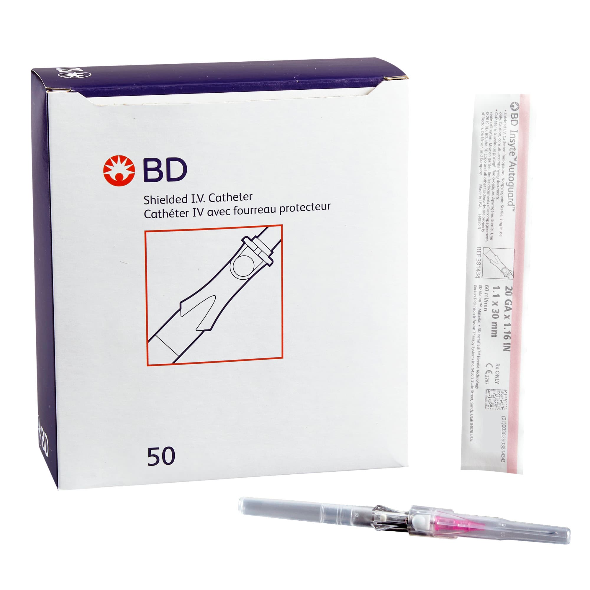 BD Insyte Autoguard Vialon Shielded Peripheral IV Catheter, 20 Gauge, 1.16" - Box of 50 - Image 1