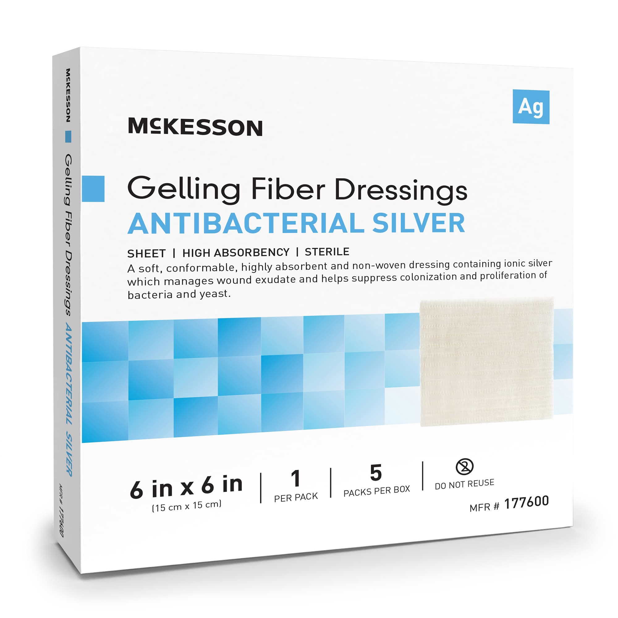 McKesson Silver Gelling Fiber Dressing White Ionic Silver Square Sterile, 6 x 6 Inch, 5 Count - Box of 5 - Image 1