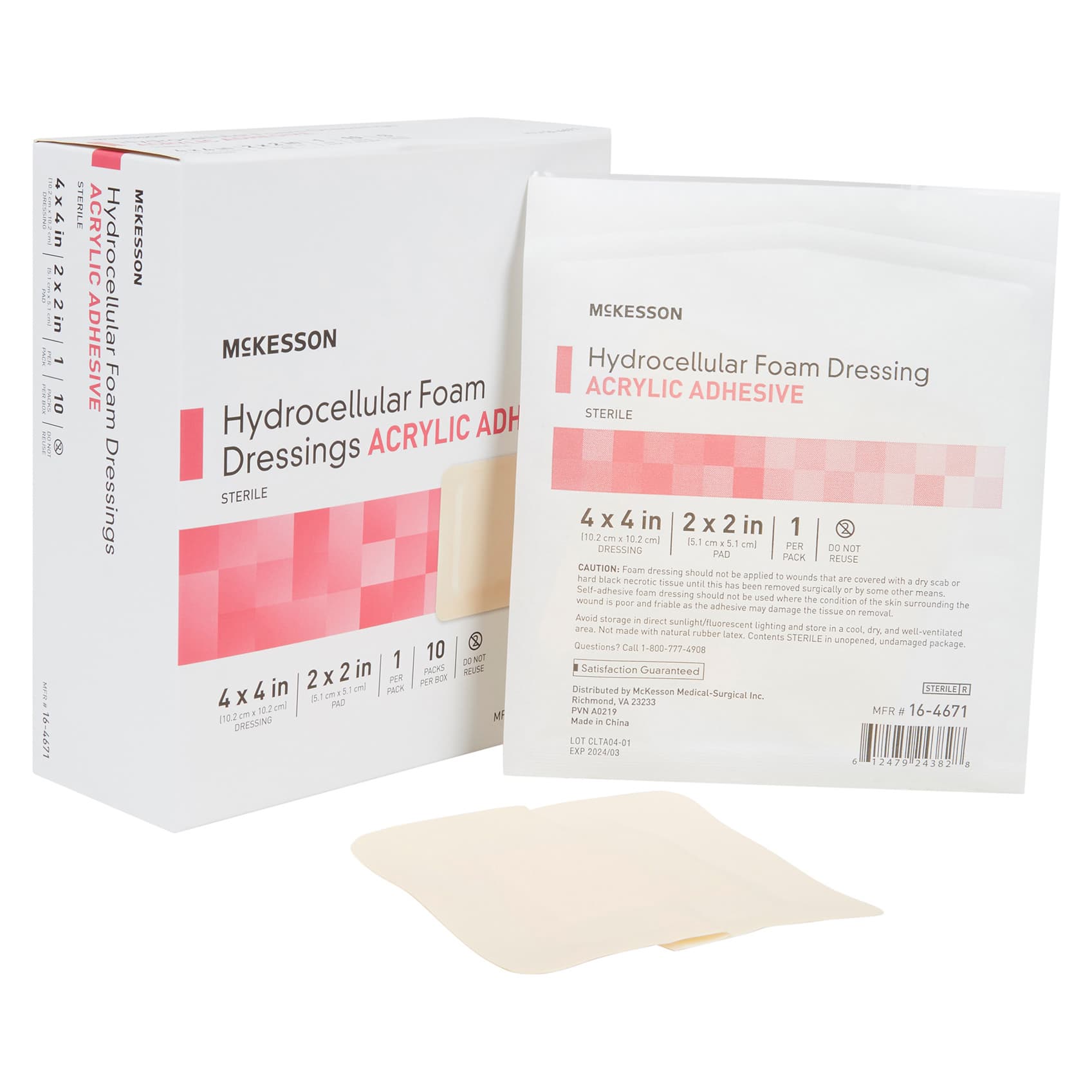 McKesson Foam Dressing Film Backing Tan, 4 x 4 Inch, 2 x 2 Inch Pad, Acrylic Adhesive with Border - Box of 10 - Image 1