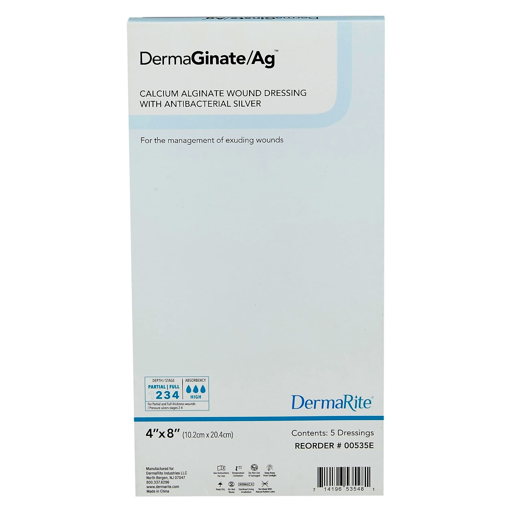 DermaGinate Ag Calcium Alginate Dressing with Antibacterial Silver, 4 x 8 Inch - Box of 5 - Image 1