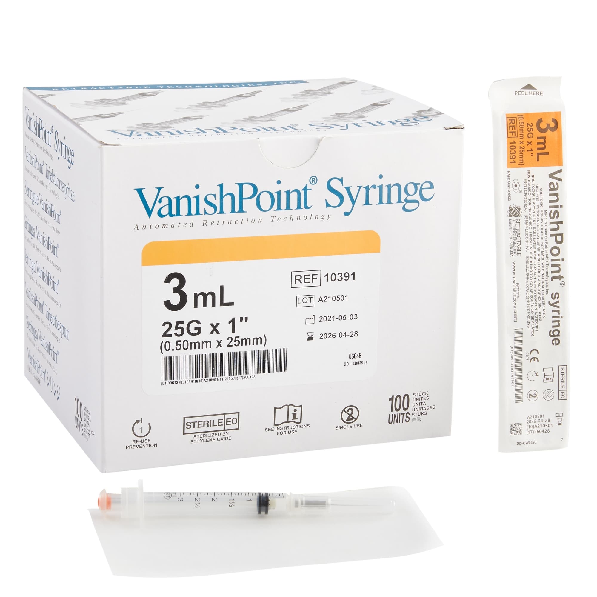 Retractable Vanishpoint Safety Syringe with Hypodermic Needle, 3ml, 25G x 1" - Case of 600 - Image 1