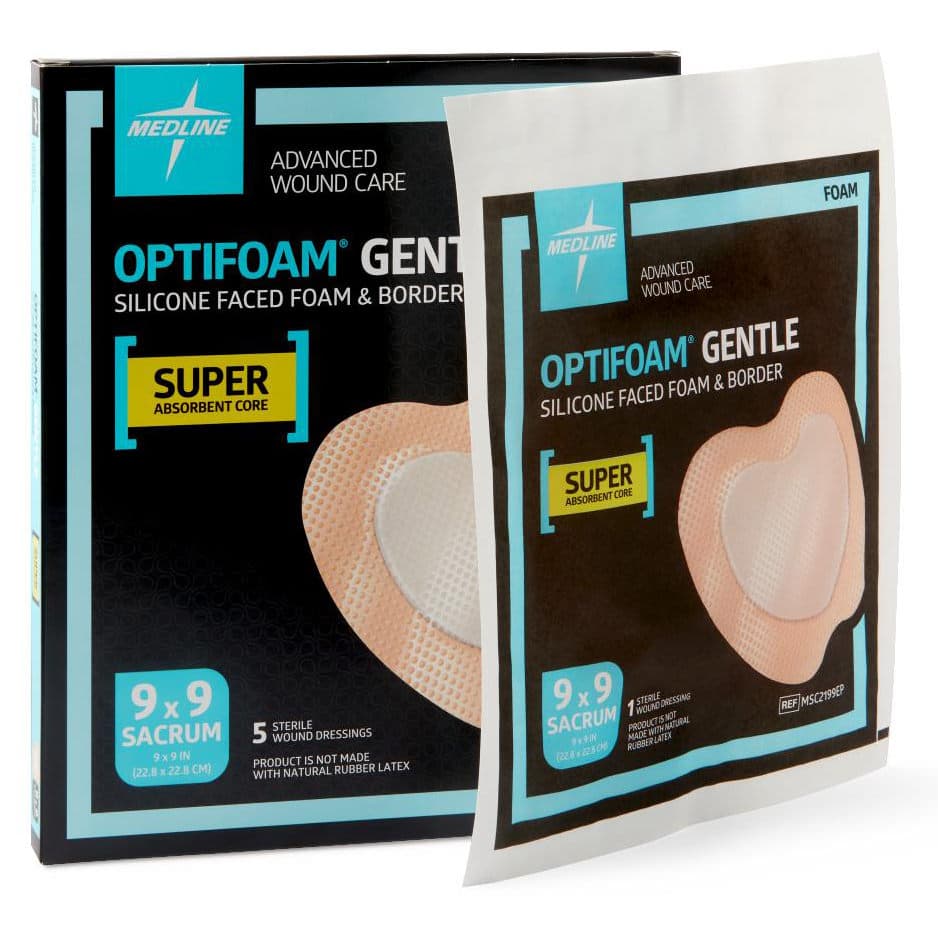 Optifoam Gentle Silicone-Faced Foam Dressing, Sacrum, Sterile, 9 x 9 Inch - Box of 5 - Image 1