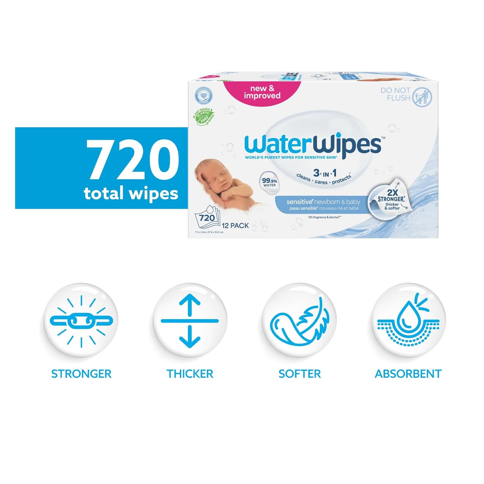 WaterWipes Sensitive New Born and Baby Wipes, 3 in 1 - Image 2