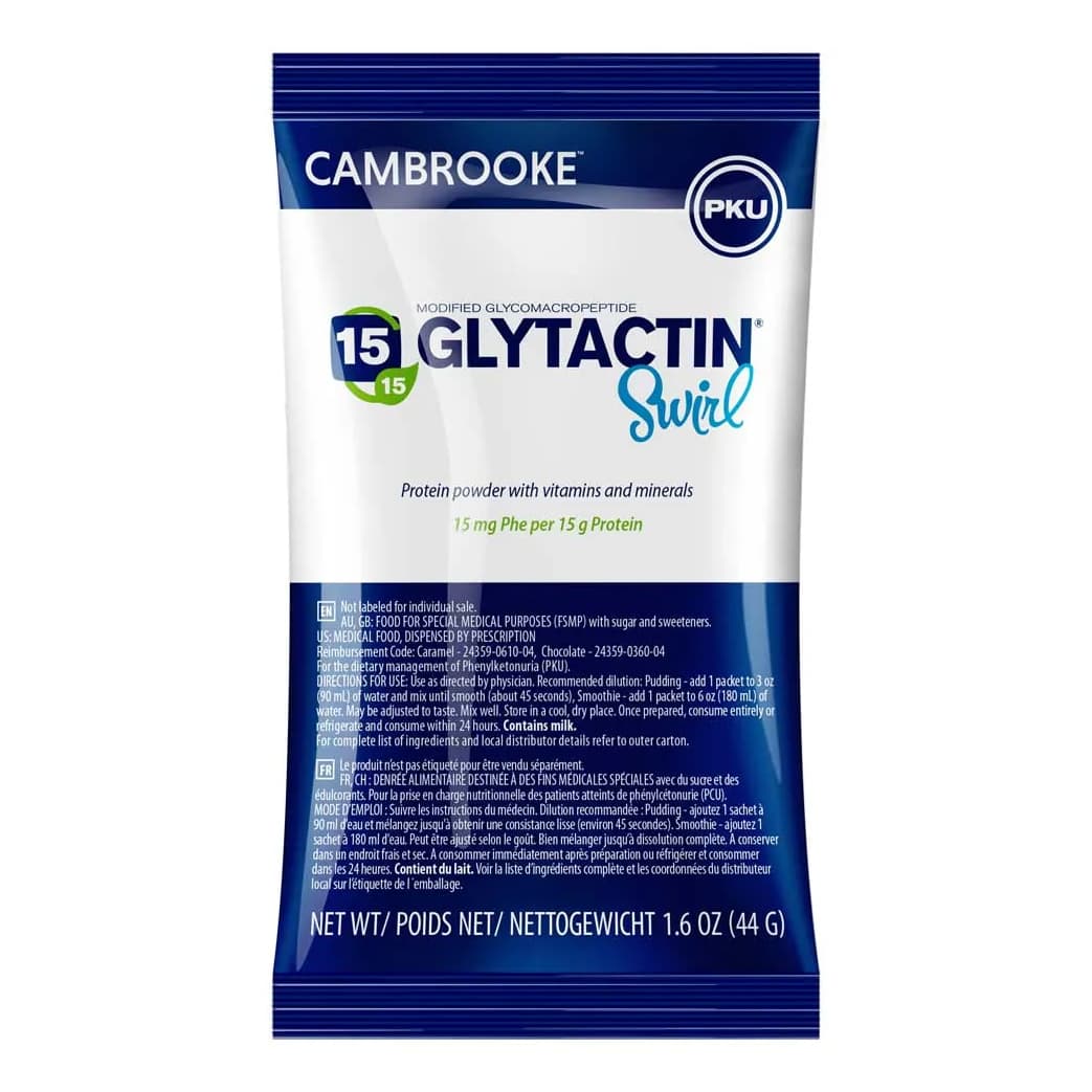 Glytactin Swirl 15 GMP-Based PKU Powdered Formula, Chocolate, 1.6 oz - Case of 14 - Image 1