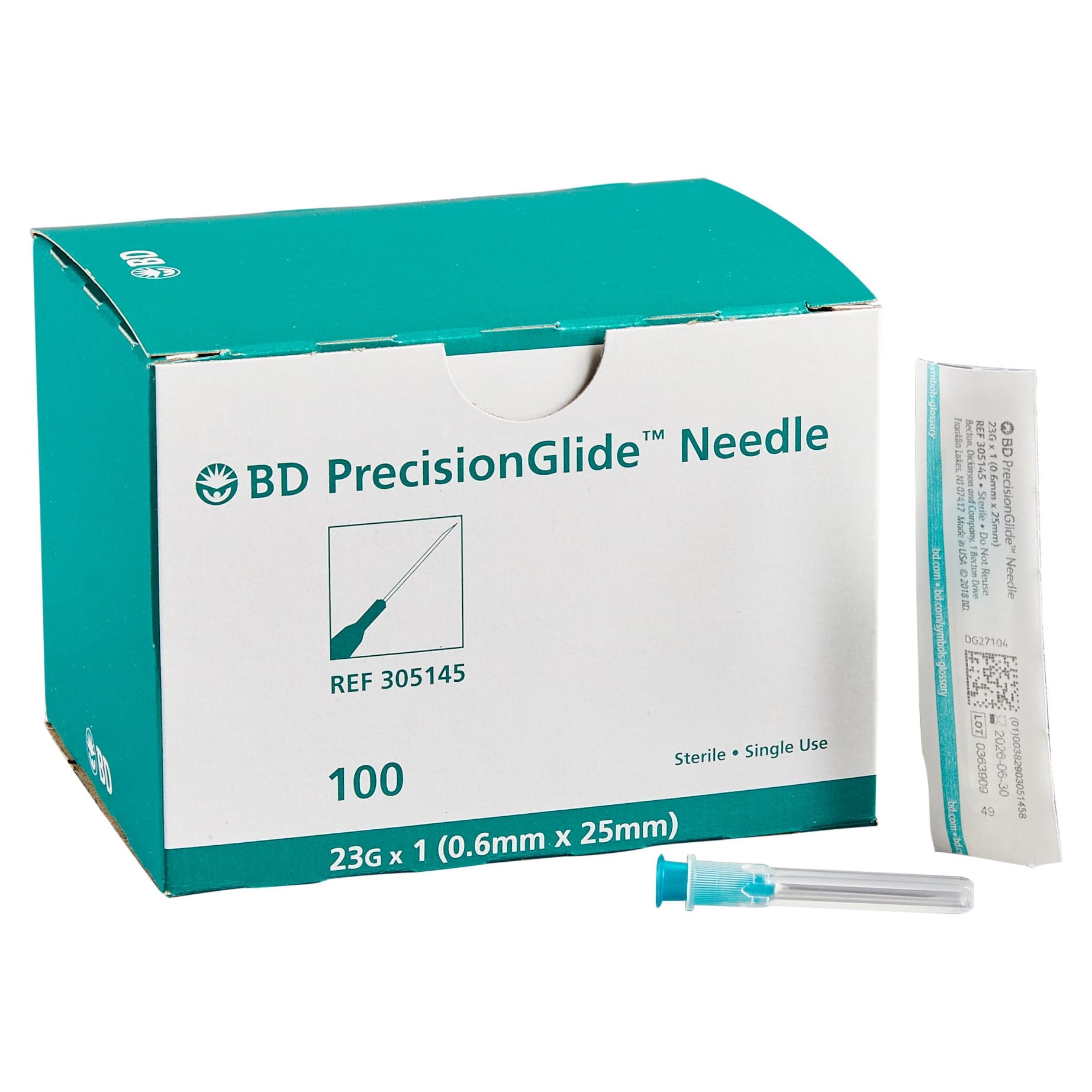 BD Regular Bevel Conventional Hypodermic Needle, 23 Gauge, 1 Inch - Box of 100 - Image 1