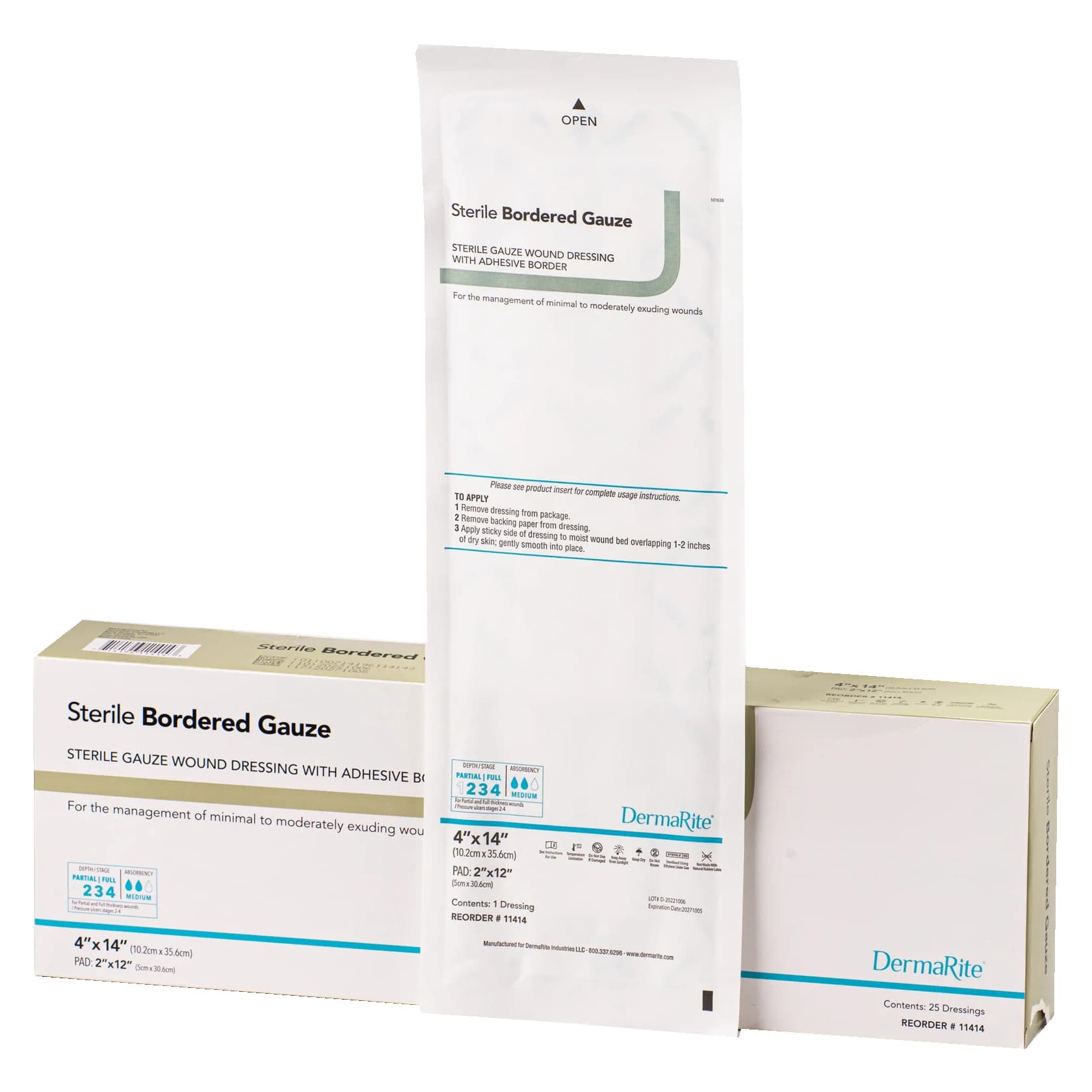 DermaRite Sterile Bordered Gauze Dressing with Adhesive Border, 4 x 14 Inch - Box of 25 - Image 1