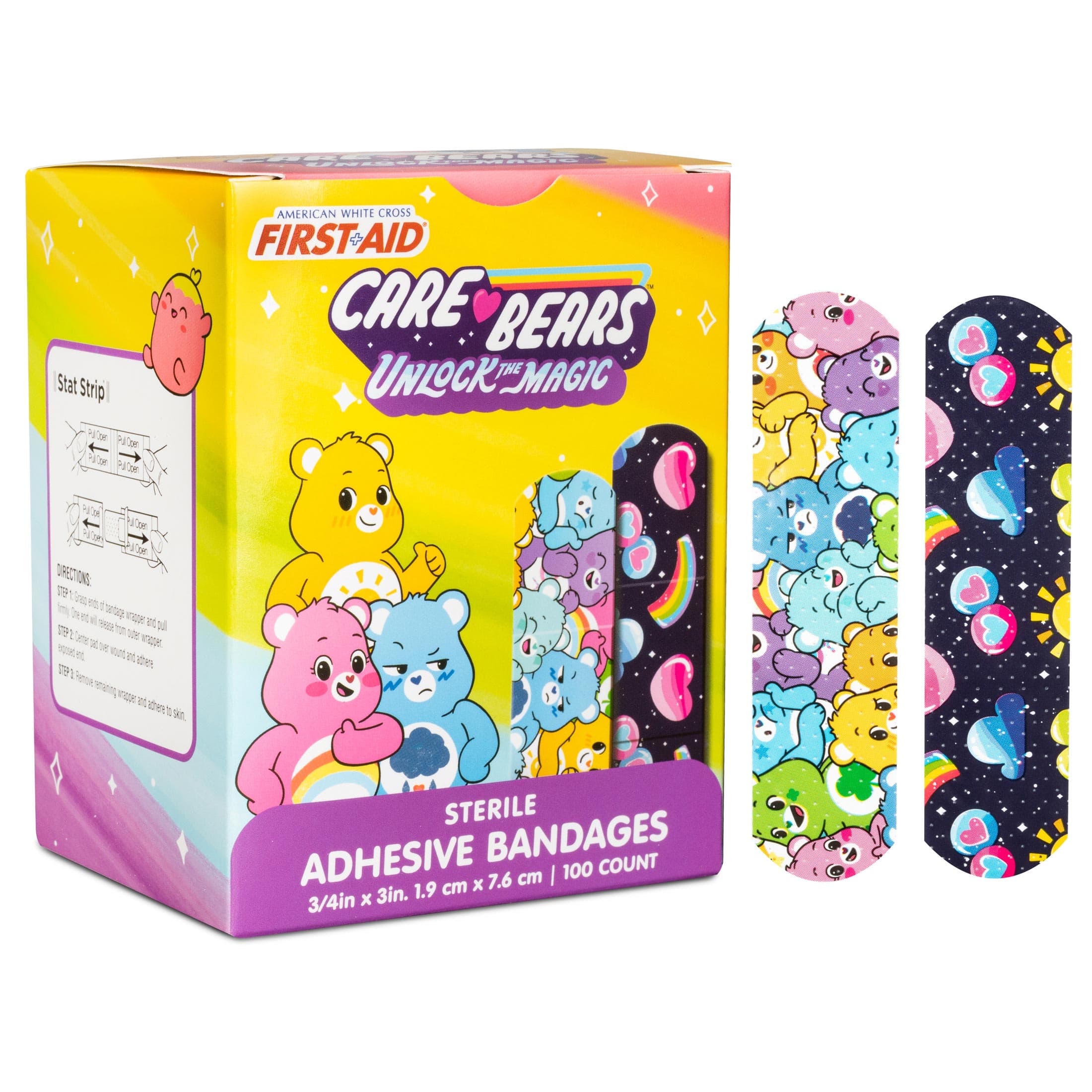 Dukal American White Cross Stat Strip Adhesive Bandages, Care Bears, 3/4" x 3" - Box of 100 - Image 1