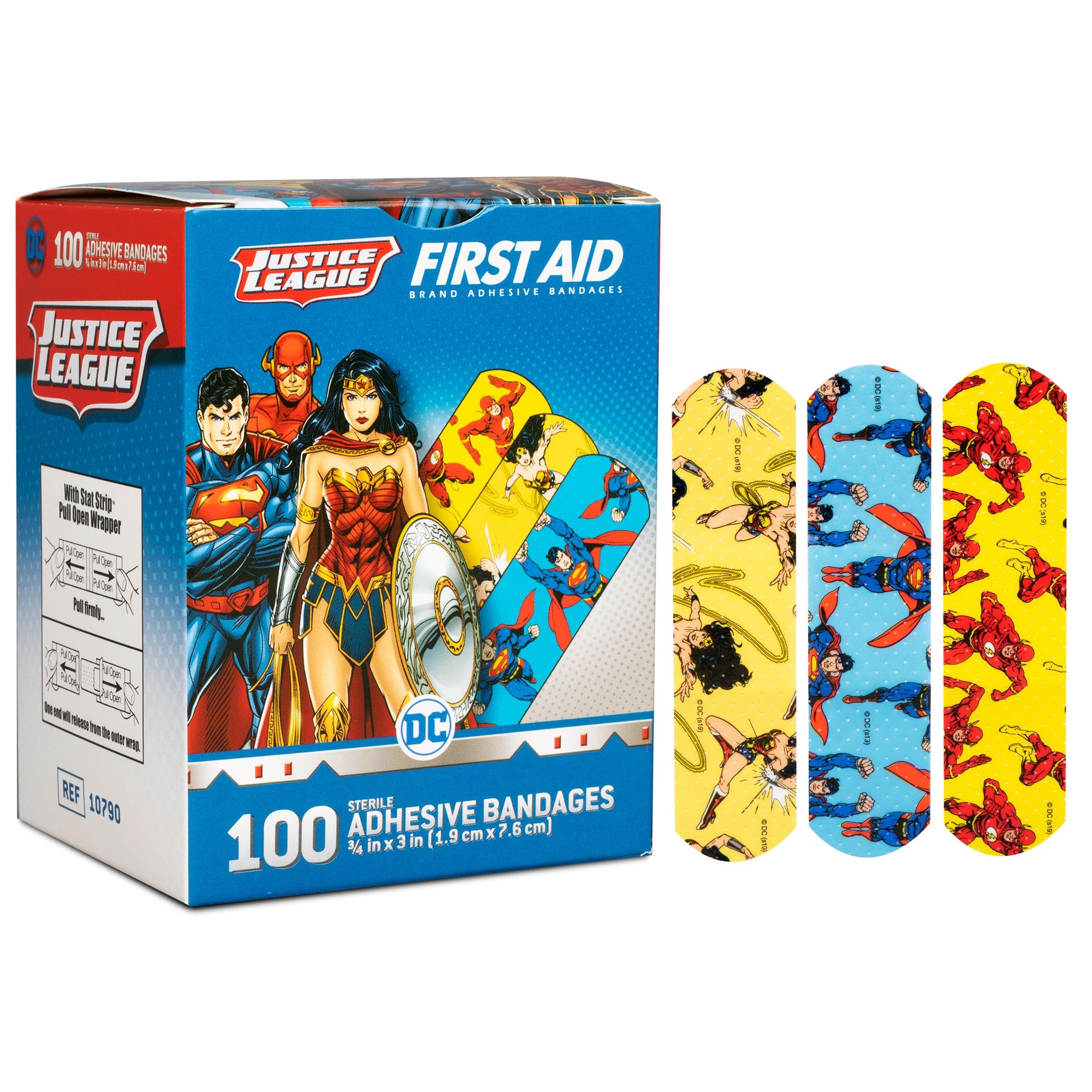 Dukal American White Cross Stat Strip Adhesive Bandages, Superman-Wonder Woman-Flash, 3/4" x 3" - Box of 100 - Image 1
