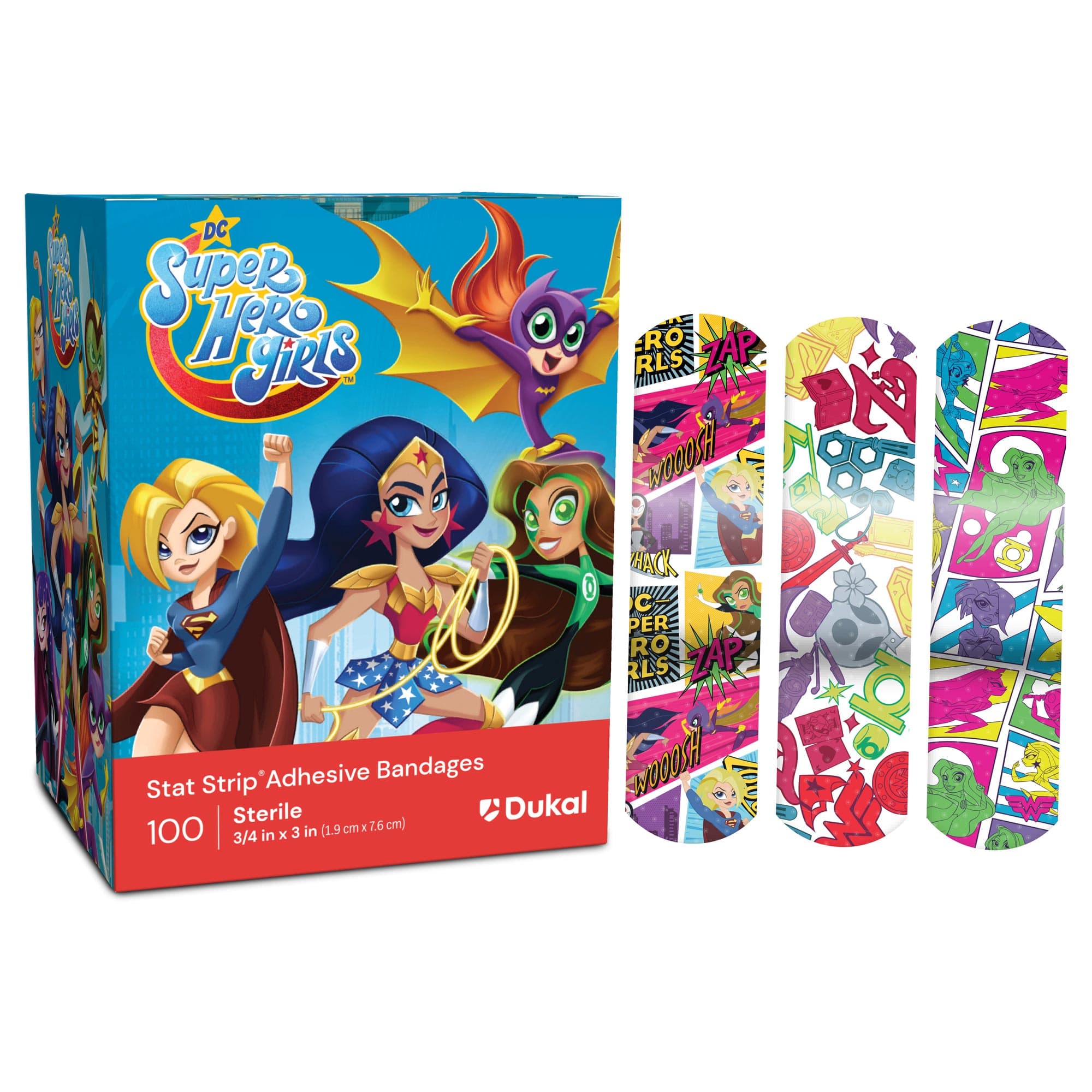 Dukal American White Cross Stat Strip Adhesive Bandages, DC Super Hero Girls, 3/4" x 3" - Case of 1200 - Image 1