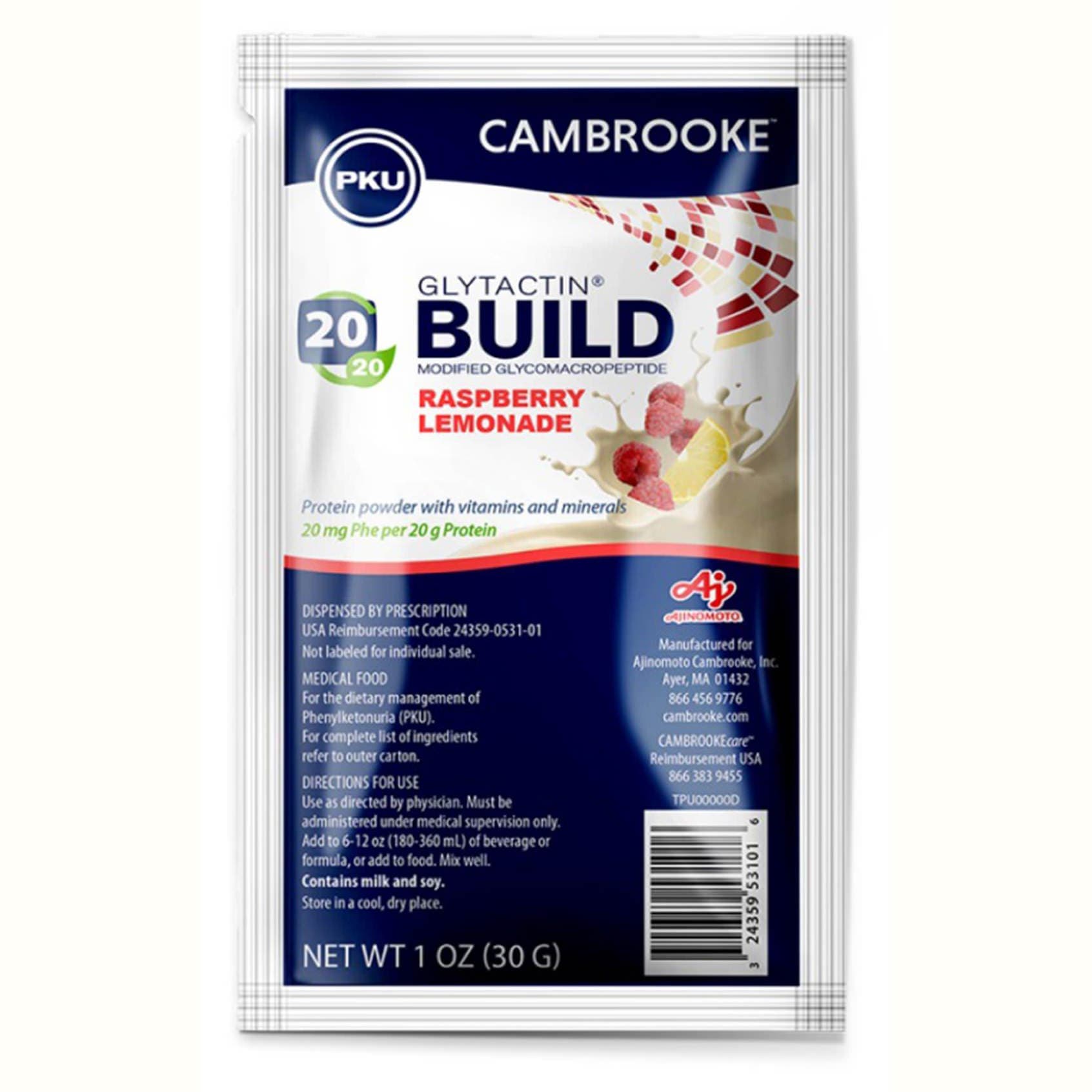 Glytactin Build 20/20 PKU Oral Supplement, Raspberry Lemonade, 1.1 oz - Case of 30 - Image 1