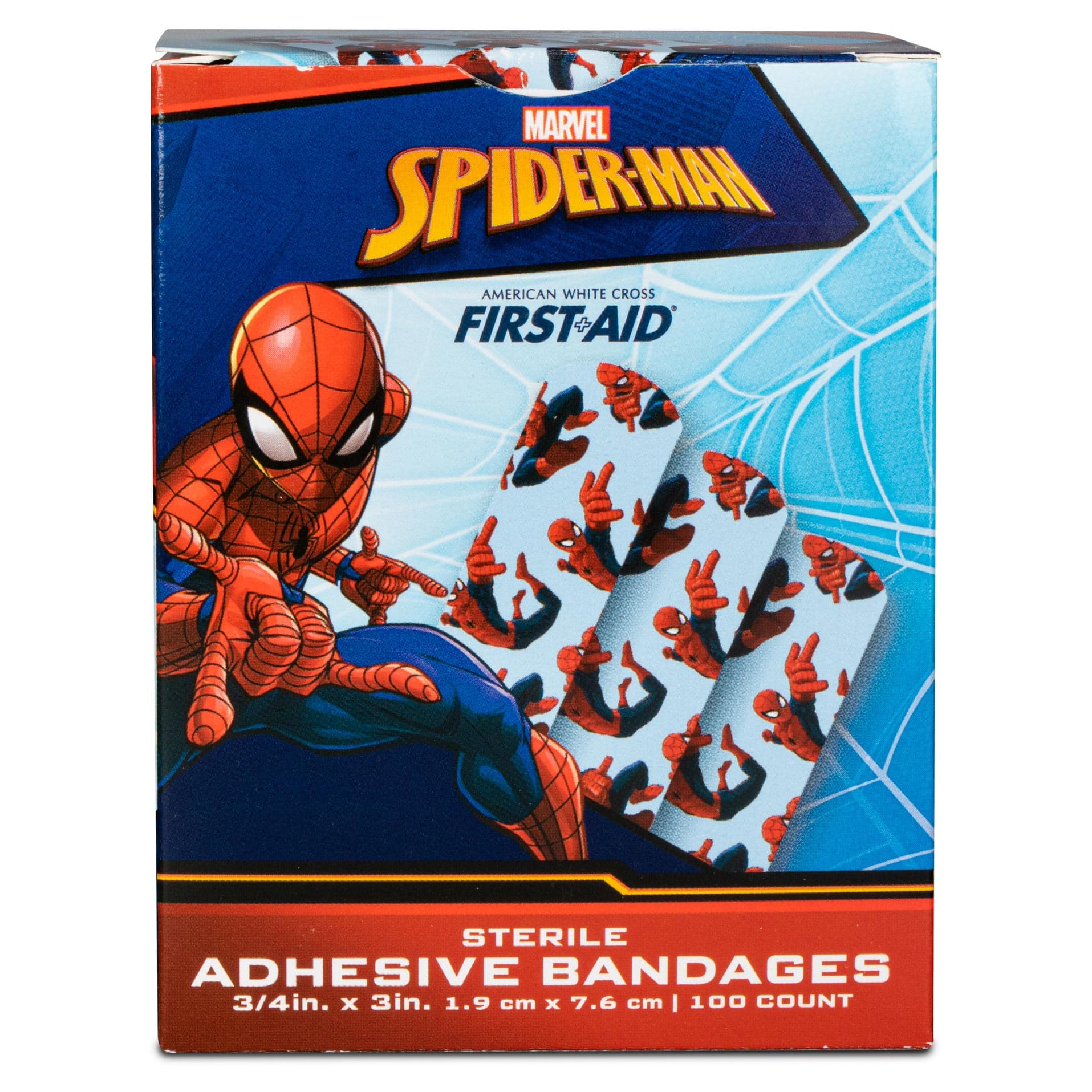 Dukal American White Cross Stat Strip Adhesive Bandages, Spider-Man, 3/4" x 3" - Box of 100 - Image 1